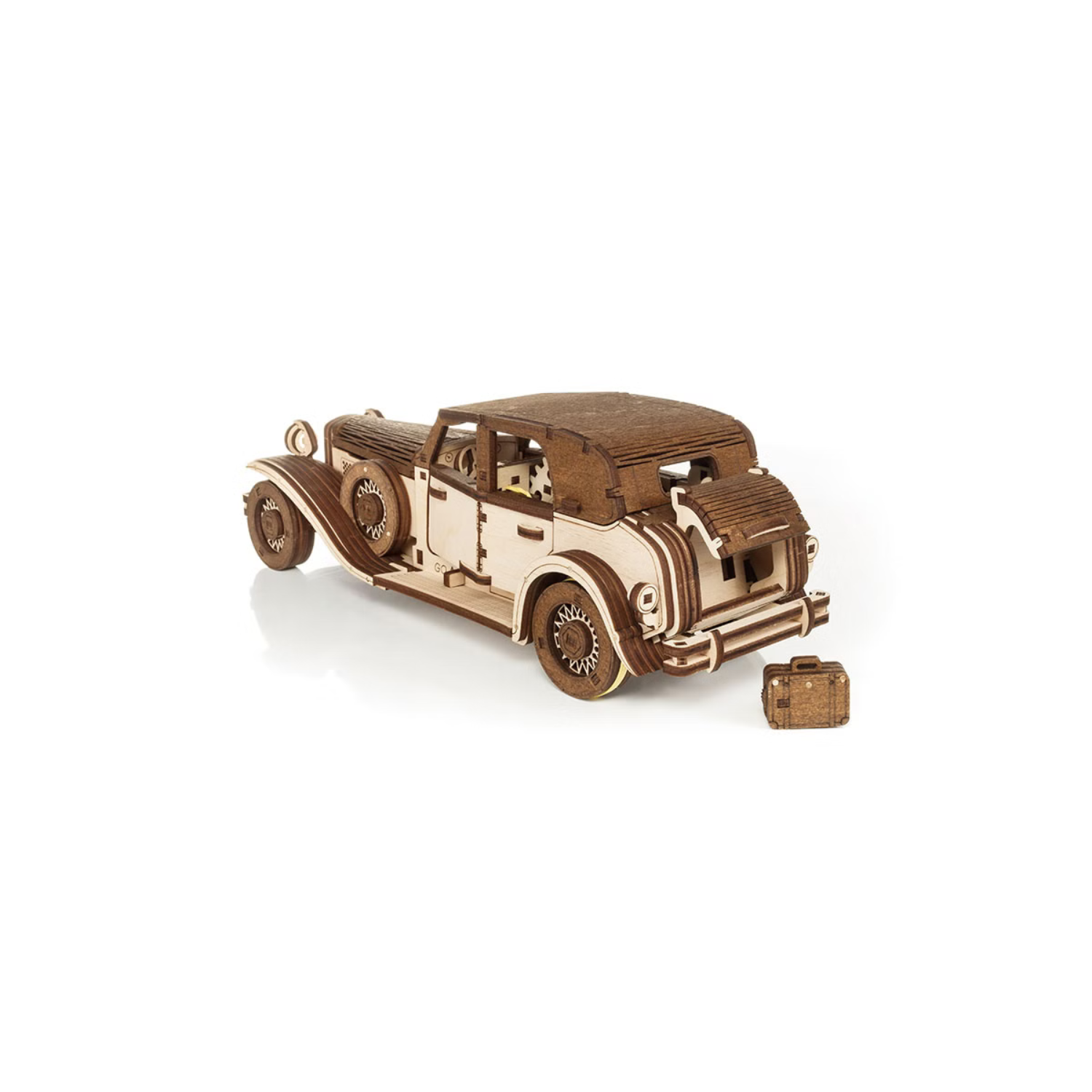 3D Holzpuzzle in Form eines Oldtimer Autos in den Farben Hellbraun und Dunkelbraun