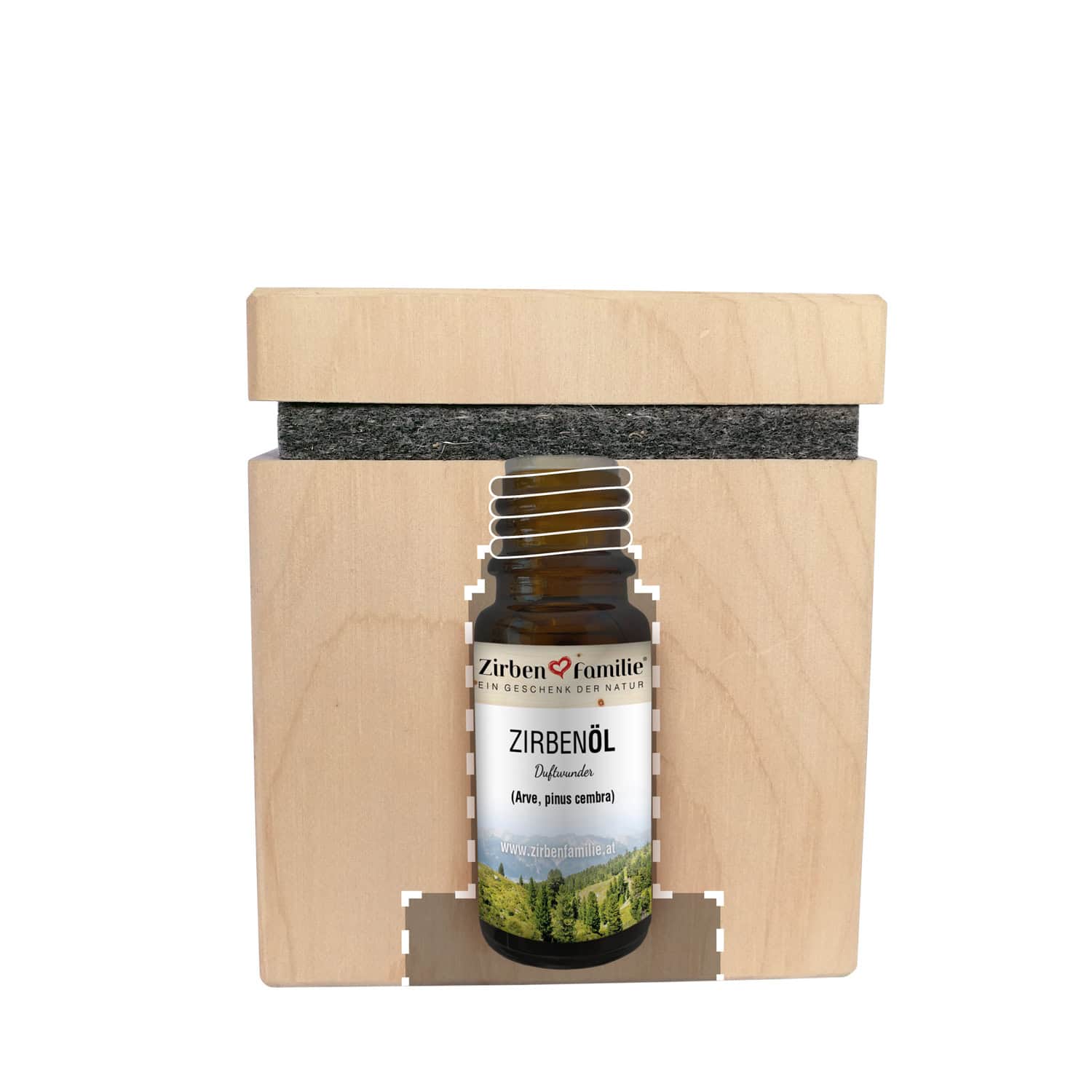 Innenansicht des Zirbenwürfel-Set Premium-Edition mit beinhaltetem Zirbenöl