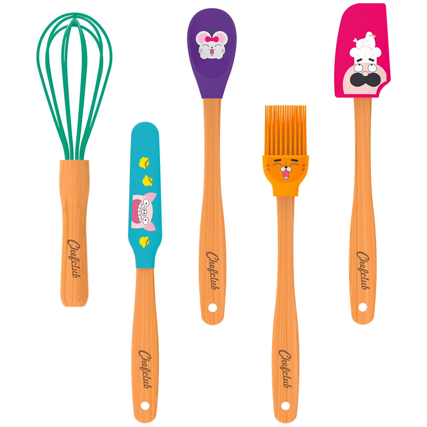 5 Utensilien für die Küche, für Kinder konzipiert: 1 Schneebesen, 1 Spatel, 1Schaber, 1 Pinsel, 1 Löffel