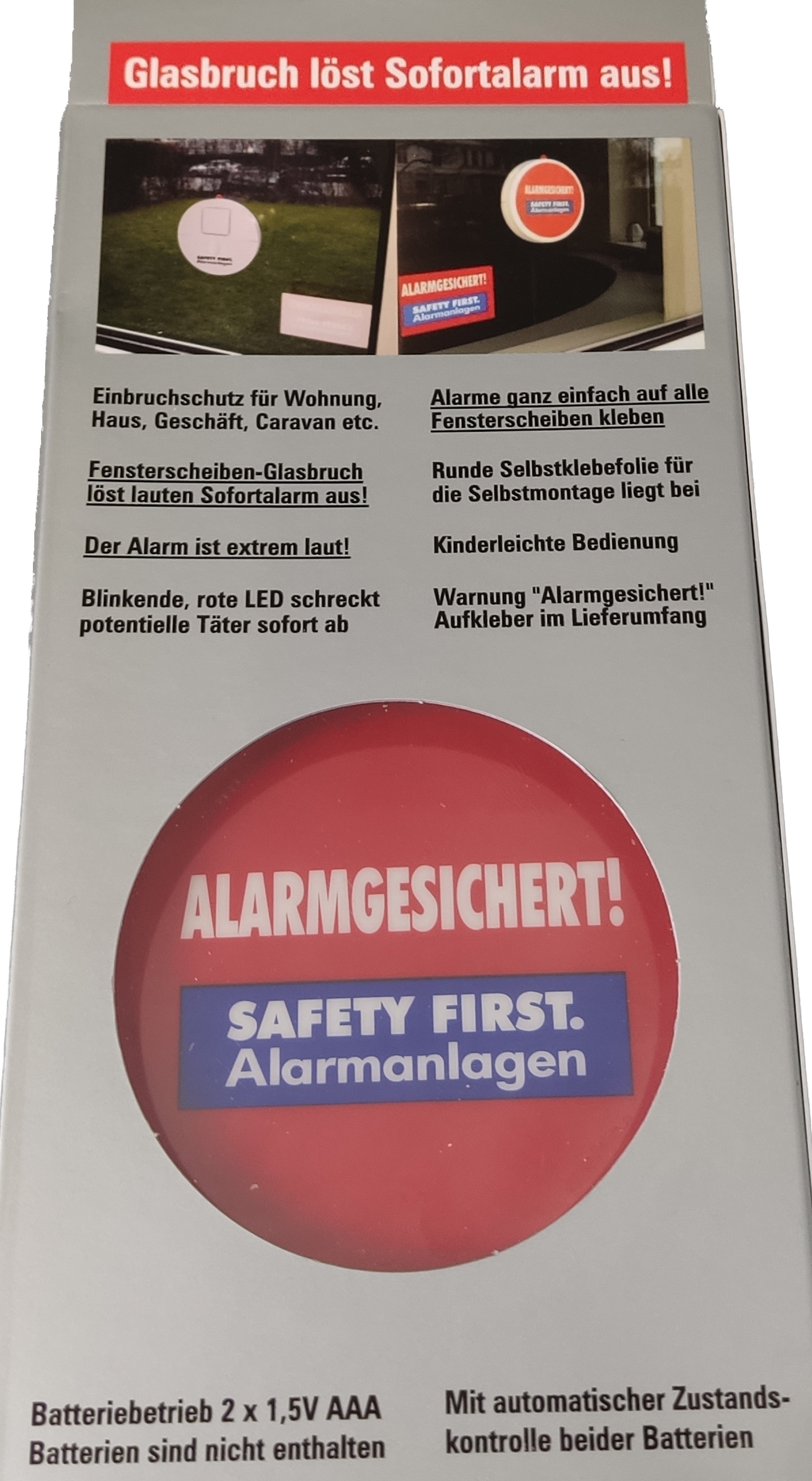 Auf der Produktverpackung ist ein Text zum Glasbruchalarm 2er-Set zu finden, der bei Glasbruch sofort einen lauten Alarm auslöst.