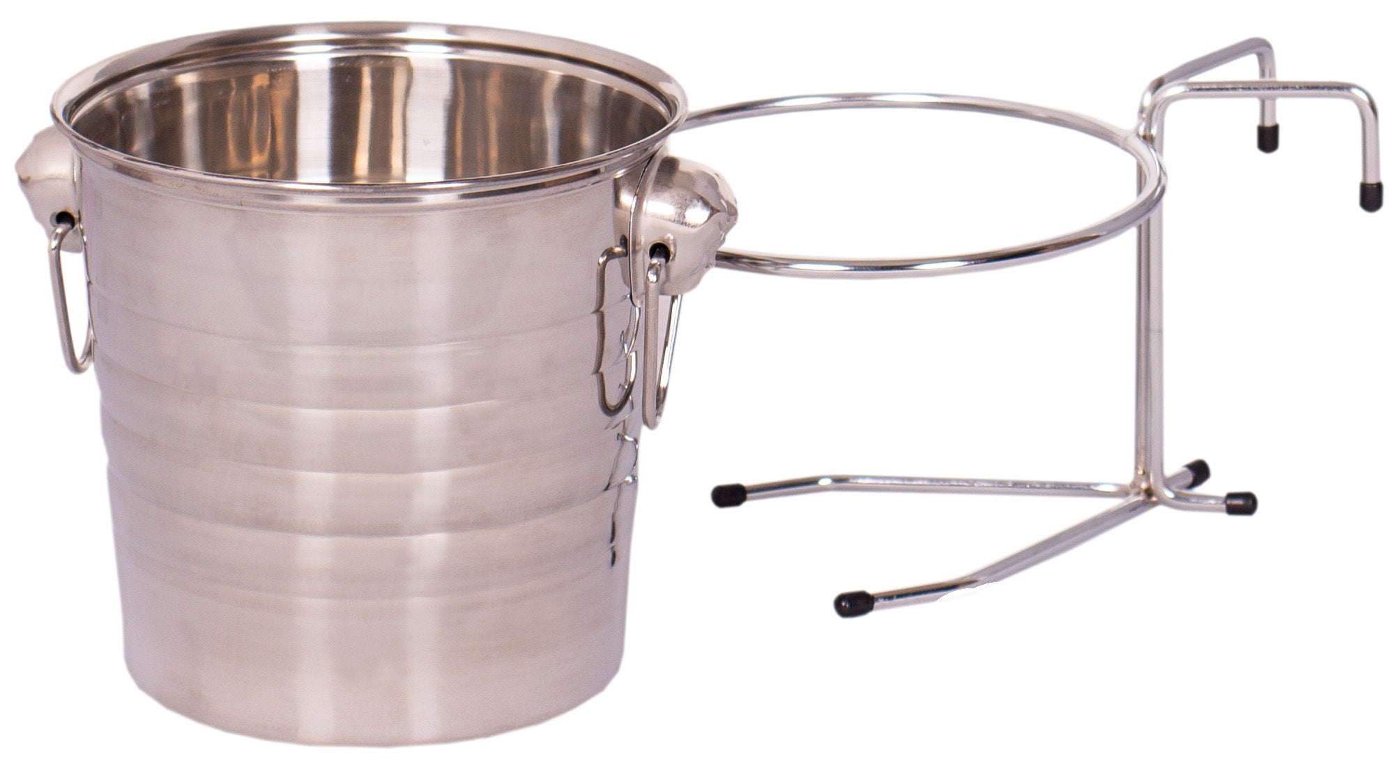 Hochwertiger Strandkorb Getränkekühler aus witterungsbeständigem Edelstahl mit seitlichen Griffen, kombiniert mit Metallständer und schwarz abgesetzten Beinen – das Luxus-Accessoire für Ihre Bar.