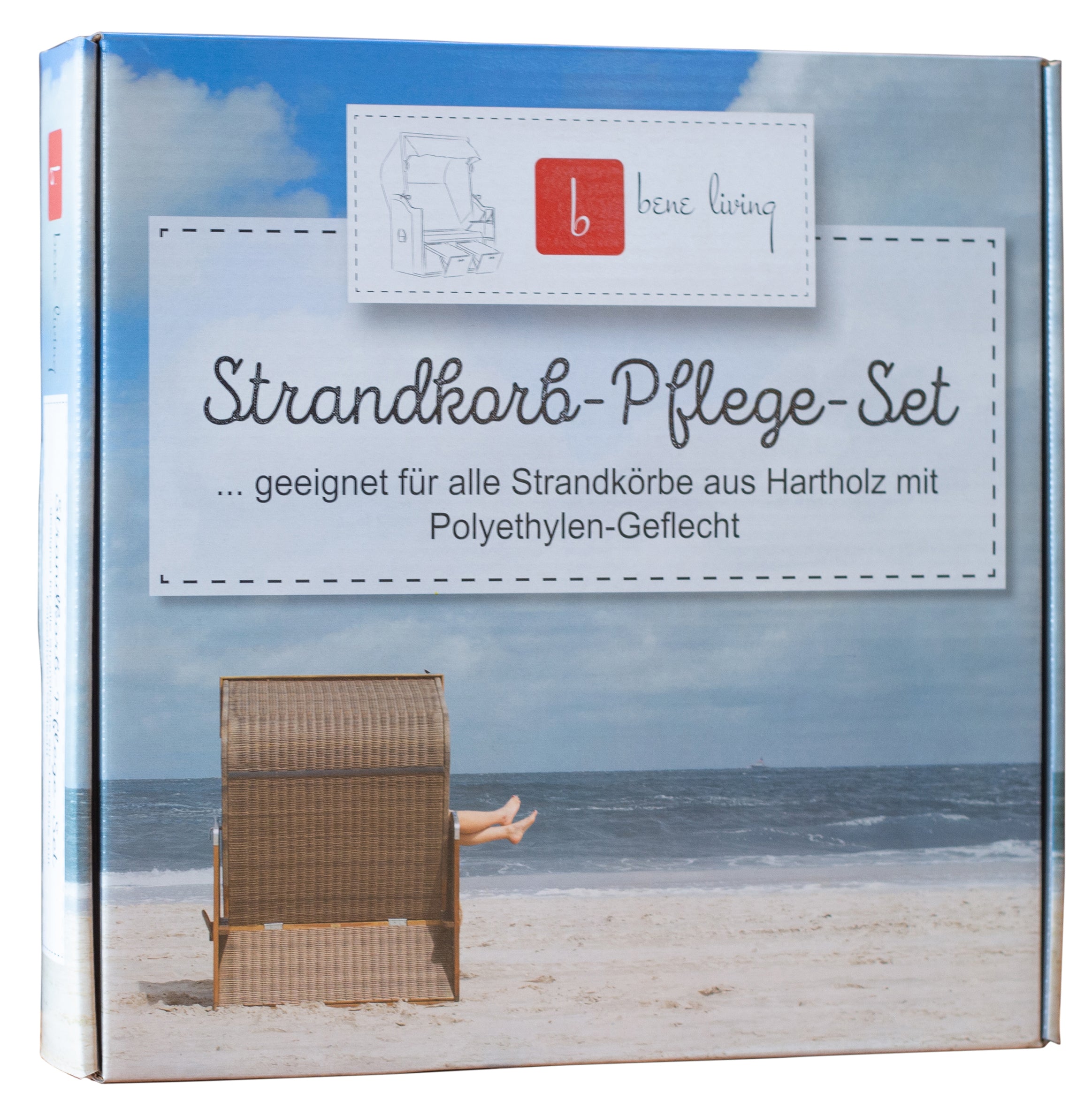 Eine Box mit der Aufschrift „Strandkorb Zubehör Pflegeset“ mit einer Strandszene mit einem Korbstuhl am Meer, ideal für die Pflege Ihrer Liege mit Hartholz-Pflegeöl und Holzpolitur.