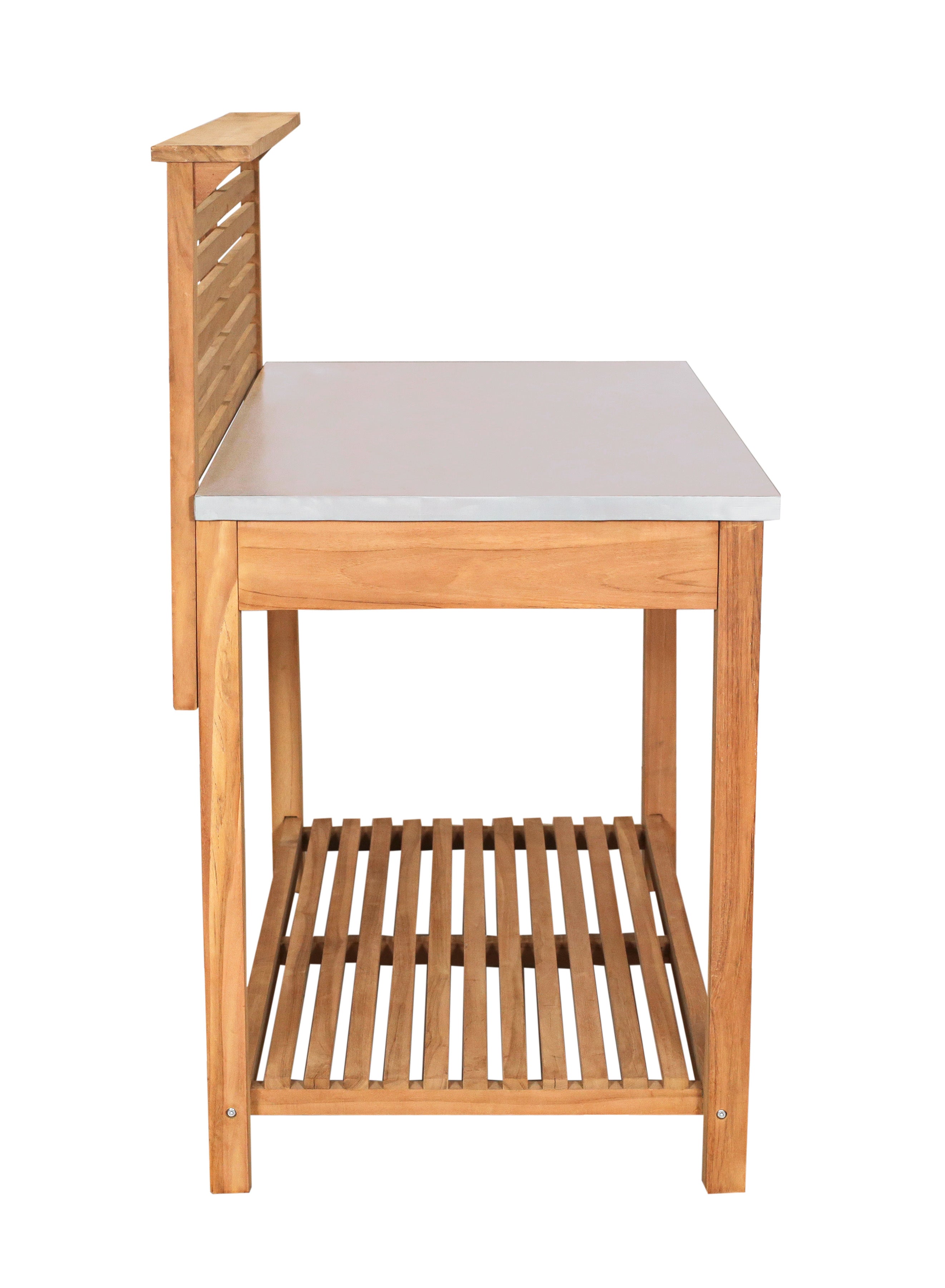Seitenansicht des Pflanztischs Teak, einem Küchentisch aus massivem Teakholz mit weißer Arbeitsplatte und Lattenrost.