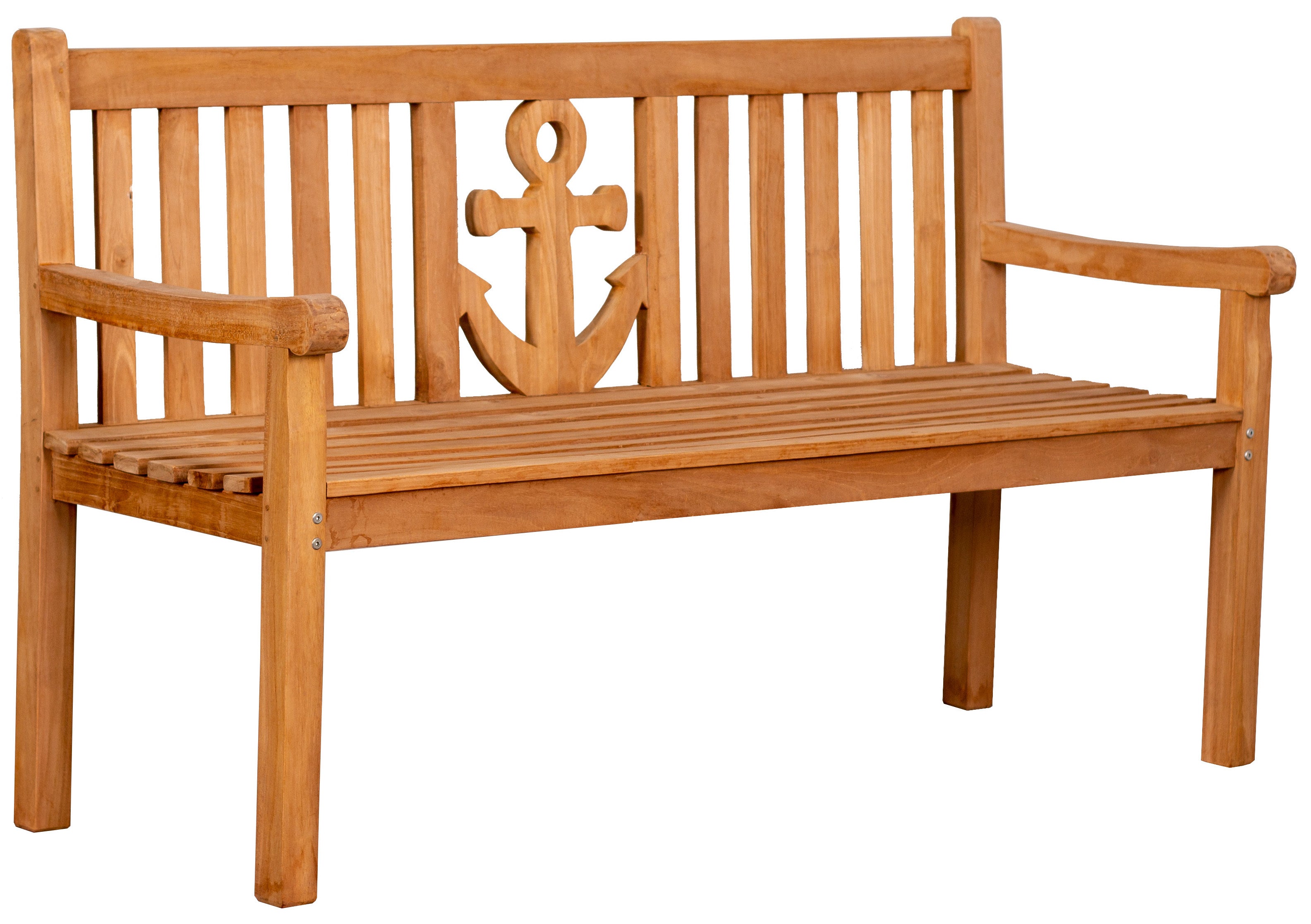 Die Teak-Gartenbank Anker verfügt über eine Lattenrückenlehne mit einer mittigen Ankerschnitzerei, gefertigt aus massivem Naturholz – ideal als stilvolles Outdoor-Möbel für Ihren Garten oder Ihre Terrasse.