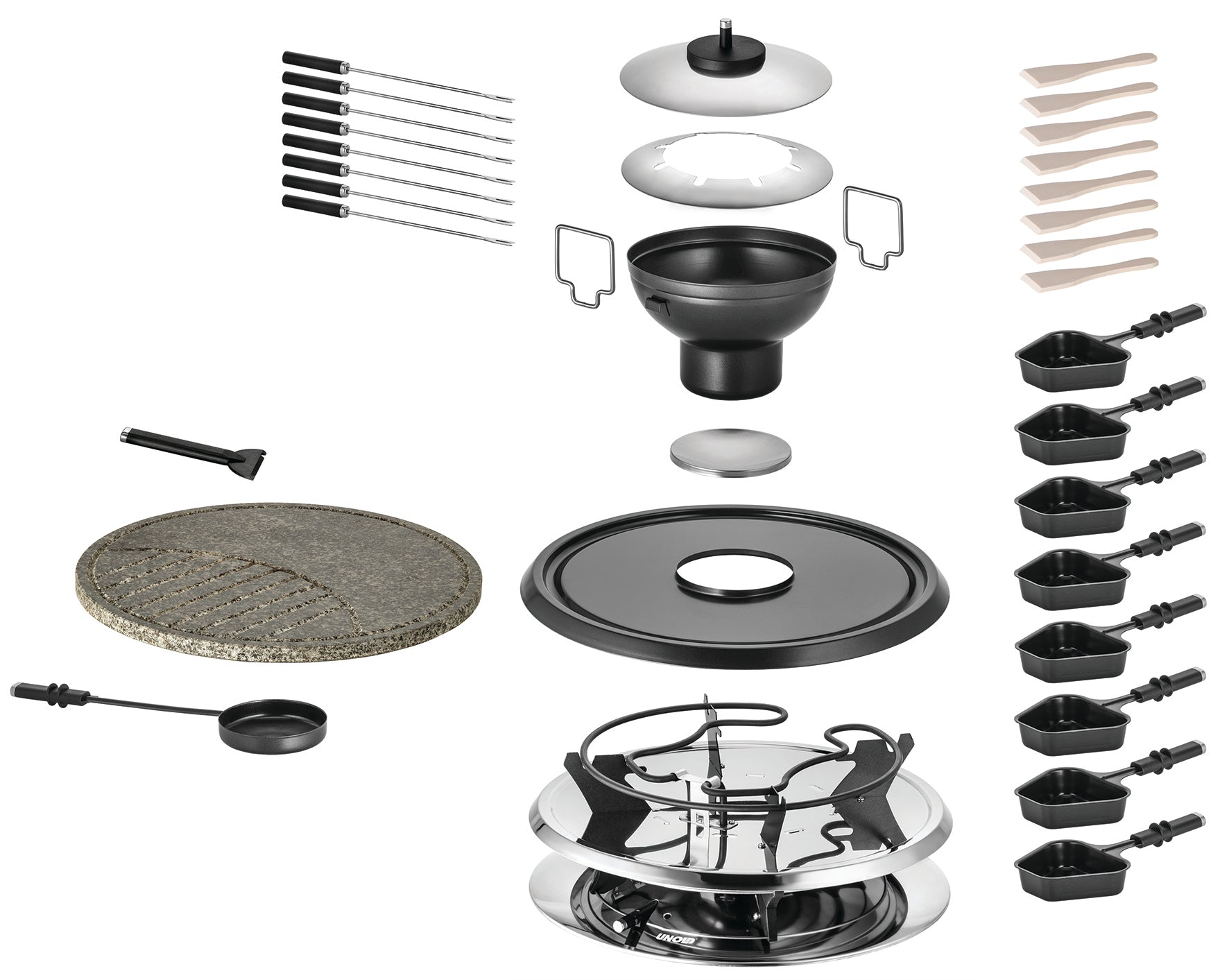 Ein zerlegtes Raclette 4in1, Fondue, Grill-Set mit Pfännchen, Spateln, Raclette-Pfännchen, Spießen, Tellern, Natursteinplatte und Grillteilen übersichtlich angeordnet.