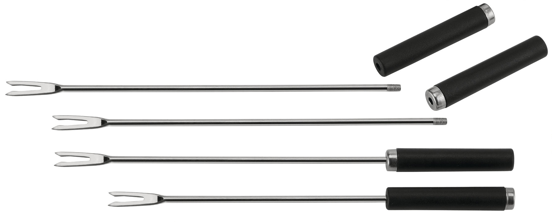 Vier Fonduegabeln aus Metall mit schwarzen Griffen, zwei davon separat oben platziert – ideal zum Kombinieren mit Ihrem Raclette 4in1, Fondue, Grill oder zum Servieren neben einer Natursteinplatte.