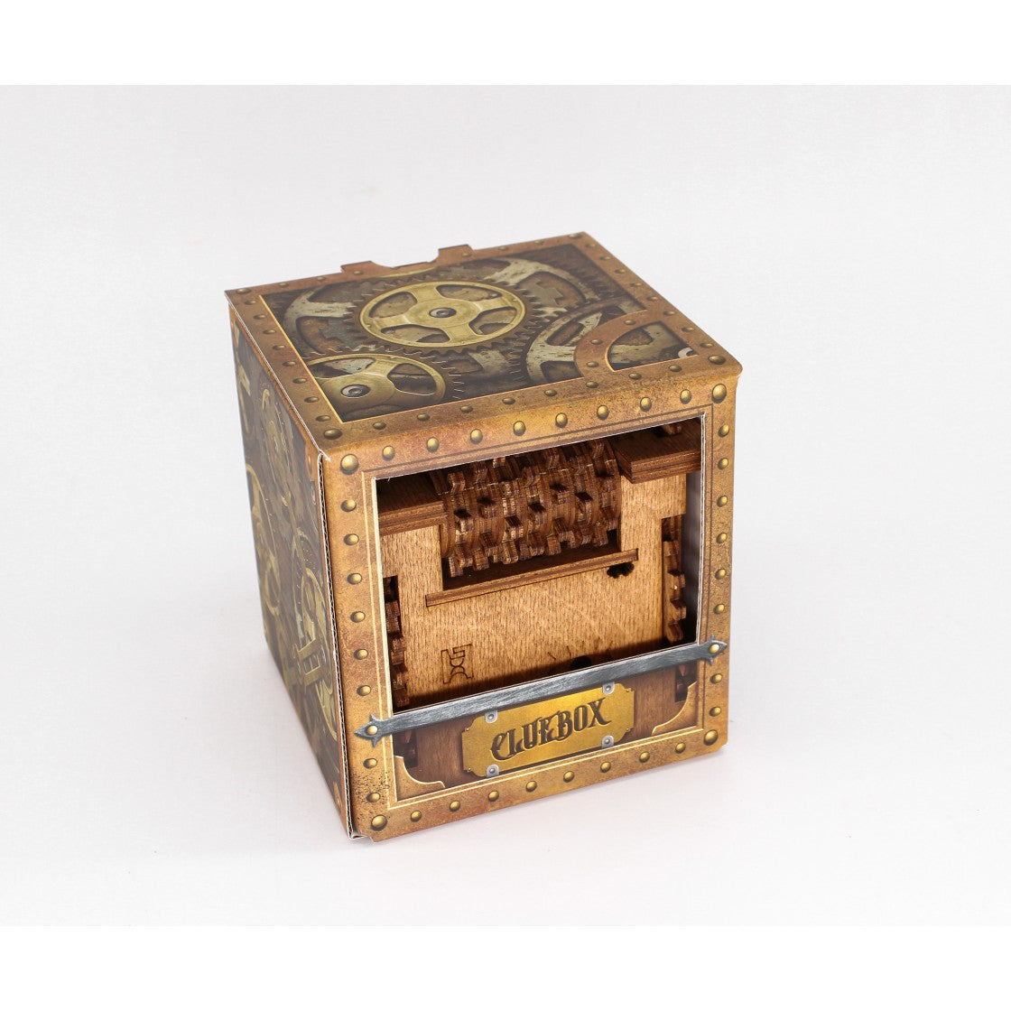 Eine hölzerne Rätselbox im Steampunk-Stil, Schrödingers Katze, mit Zahnrädern und einem CLUEBOX-Etikett auf der Vorderseite – perfekt für Escape-Room-Fans.