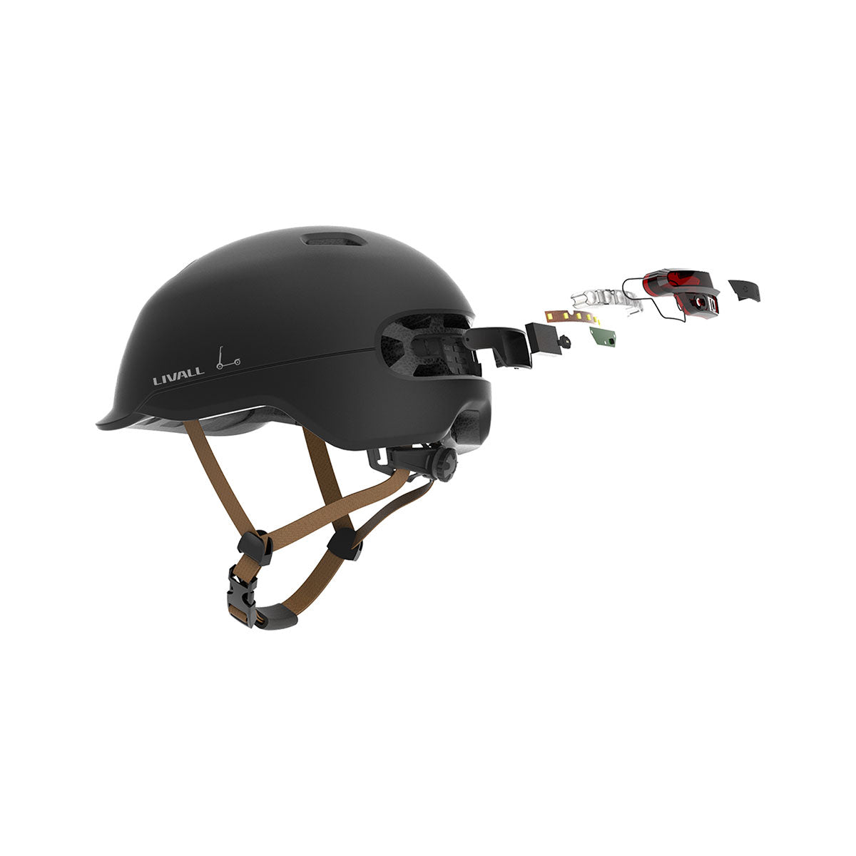 Der Fahrradhelm mit Bremslicht und SOS-Alarm in Schwarz mit braunen Riemen ist von hinten dargestellt, wobei die interne Elektronik – wie SOS-Notruf und Sturzerkennung – in Explosionsdarstellung dargestellt ist.