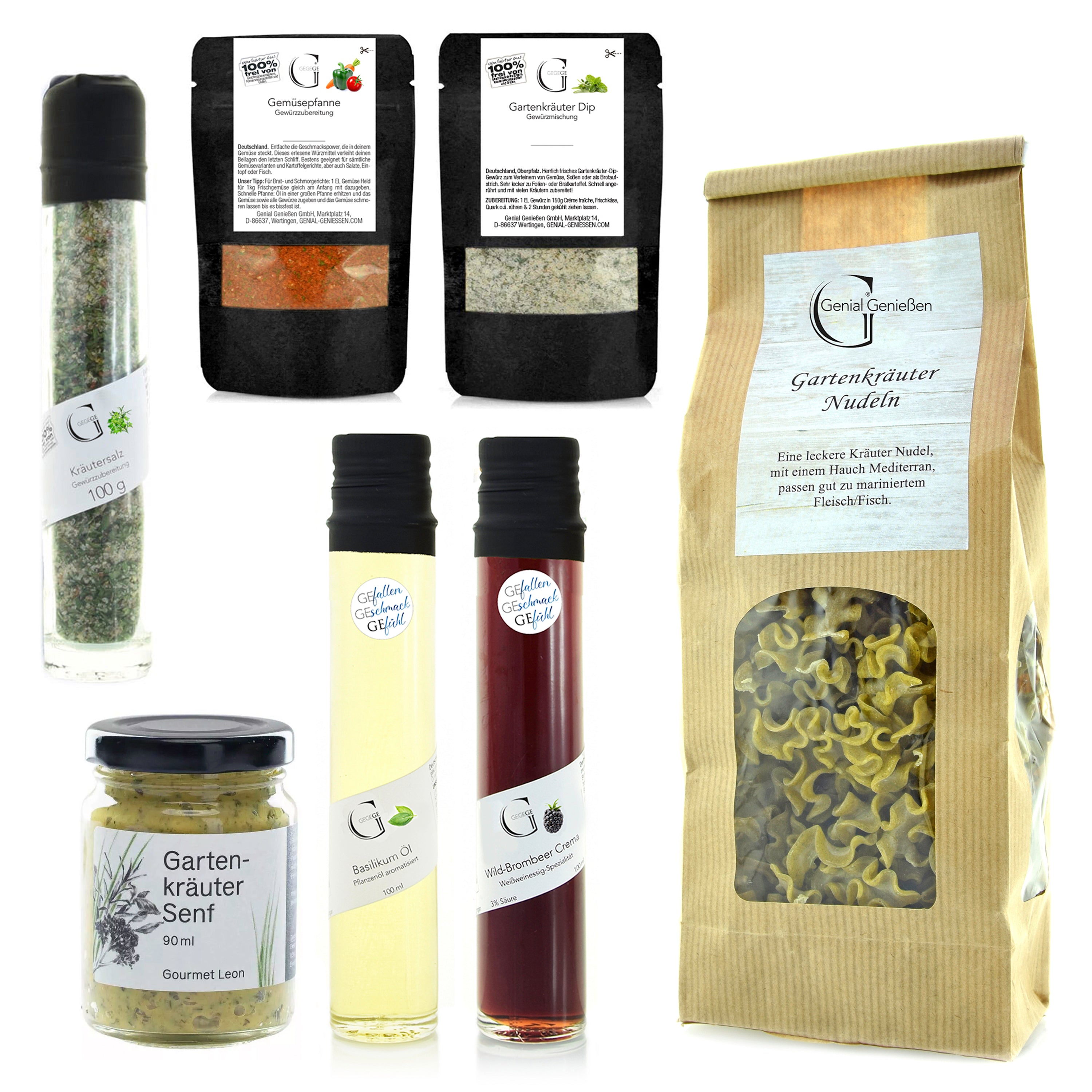 Das Geschenk-Set Hobby: Gartenglück bietet Gourmet-Kräuterprodukte – Nudeln, Saucen und Gewürze – in Gläsern, Tüten und Flaschen. Es ist ein ideales Geschenkset für Gartenfreunde von Gartenglück.