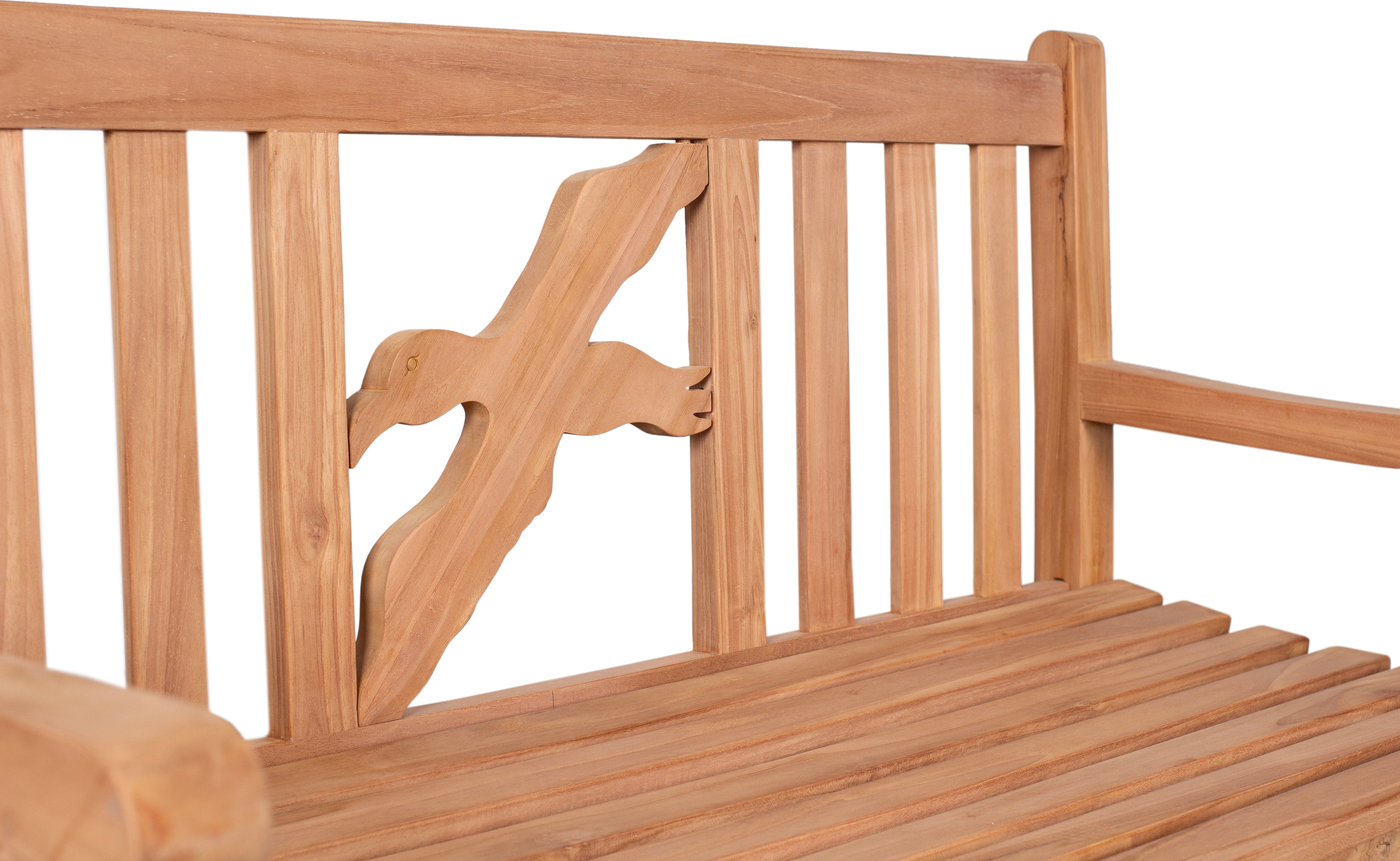 Die Motivbänke Teak aus naturbelassenem Massivholz mit geschnitztem Vogelmotiv in der Rückenlehne sind stilvolle Outdoor-Möbel für Garten oder Terrasse.