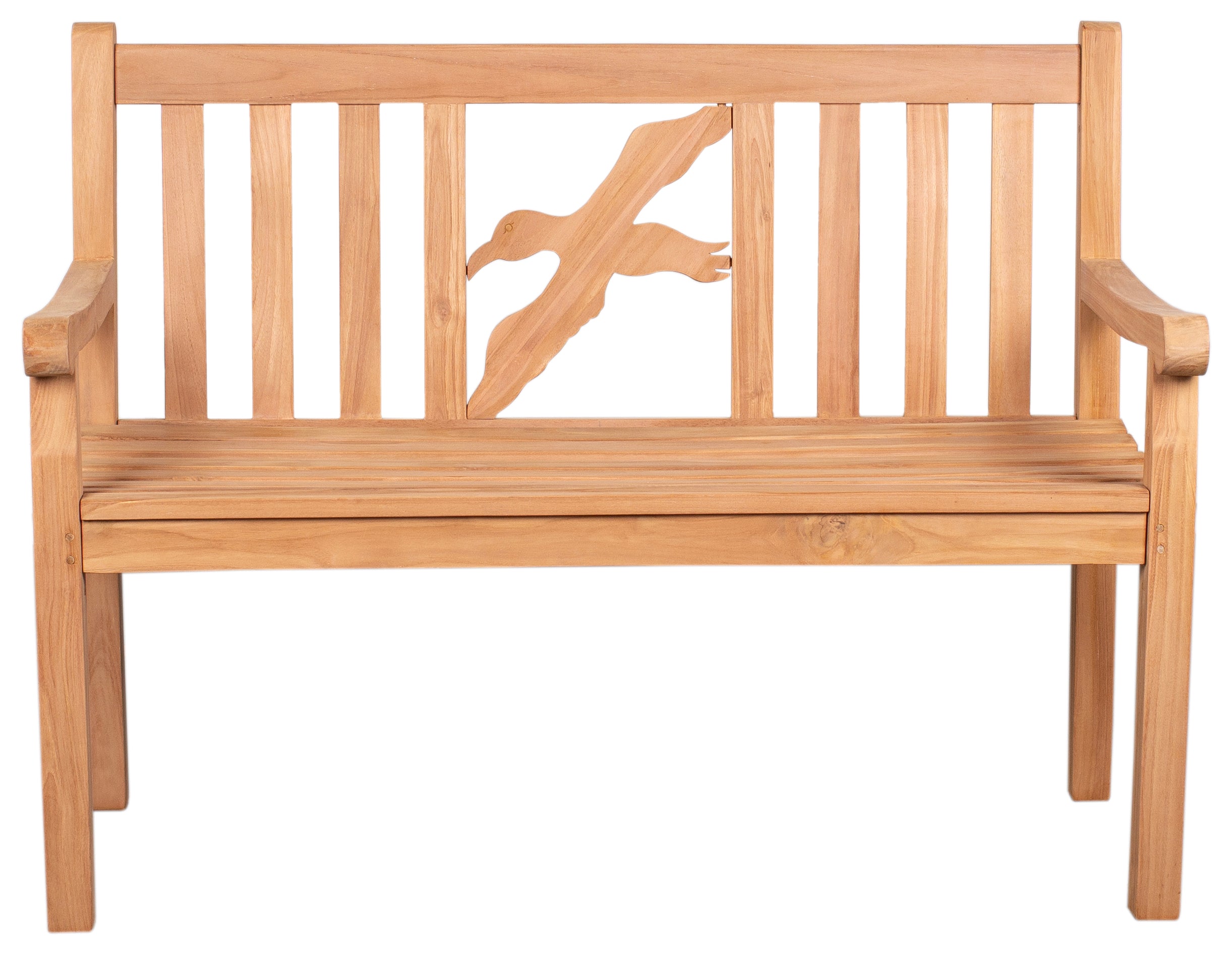 Motivbänke Teak: Elegante Teakholzbank mit vertikalen Latten und einem geschnitzten Entendetail in der Rückenlehne, gefertigt aus naturbelassenem Massivholz – ideal für Gartenmöbel.