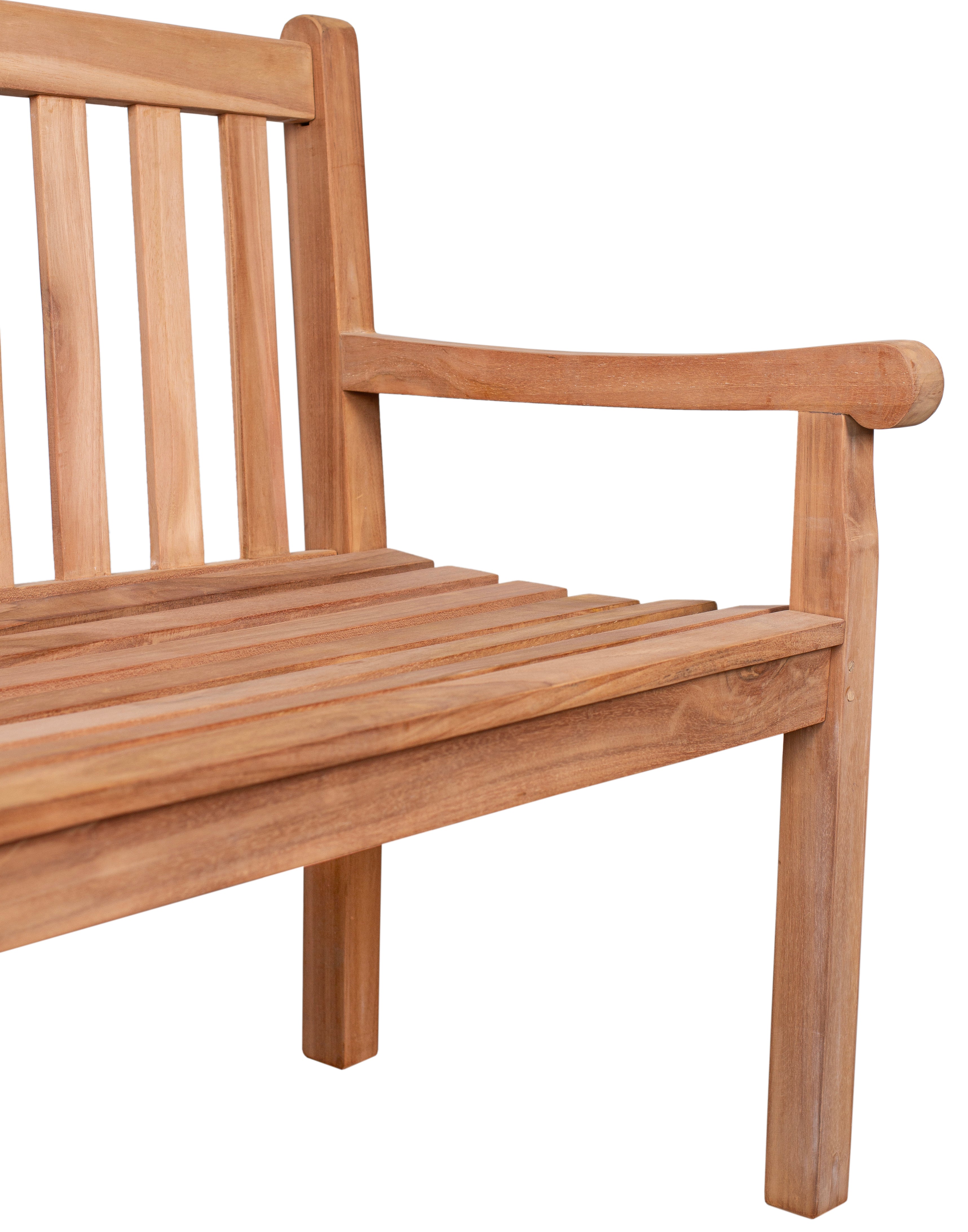 Eine Nahaufnahme der Motivbänke Teak zeigt ihre Sitzfläche, Rückenlehne, Armlehne und Beine aus naturbelassenem Massivholz mit Lattenrost, was sie ideal für Outdoor-Möbel-Enthusiasten macht.
