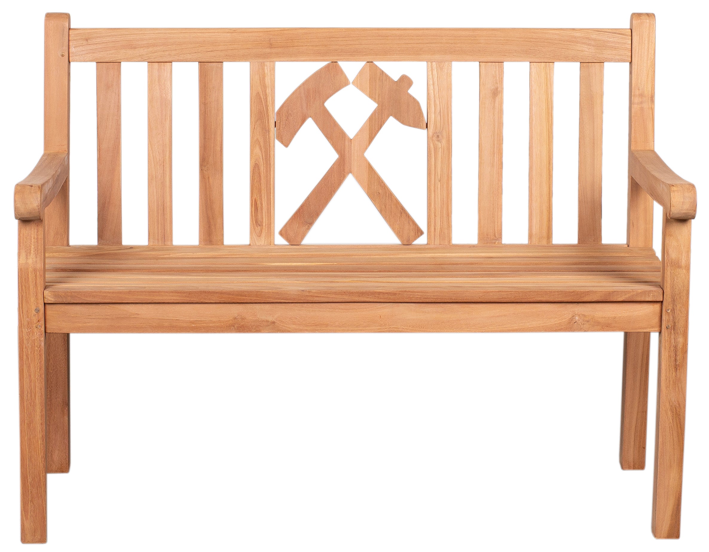 Die Motivbänke Teak sind aus naturbelassenem Massivholz gefertigt und besitzen eine Rückenlehne mit gekreuztem Hammer-und-Pickel-Motiv – stilvolle Outdoor-Möbel für Garten oder Terrasse.