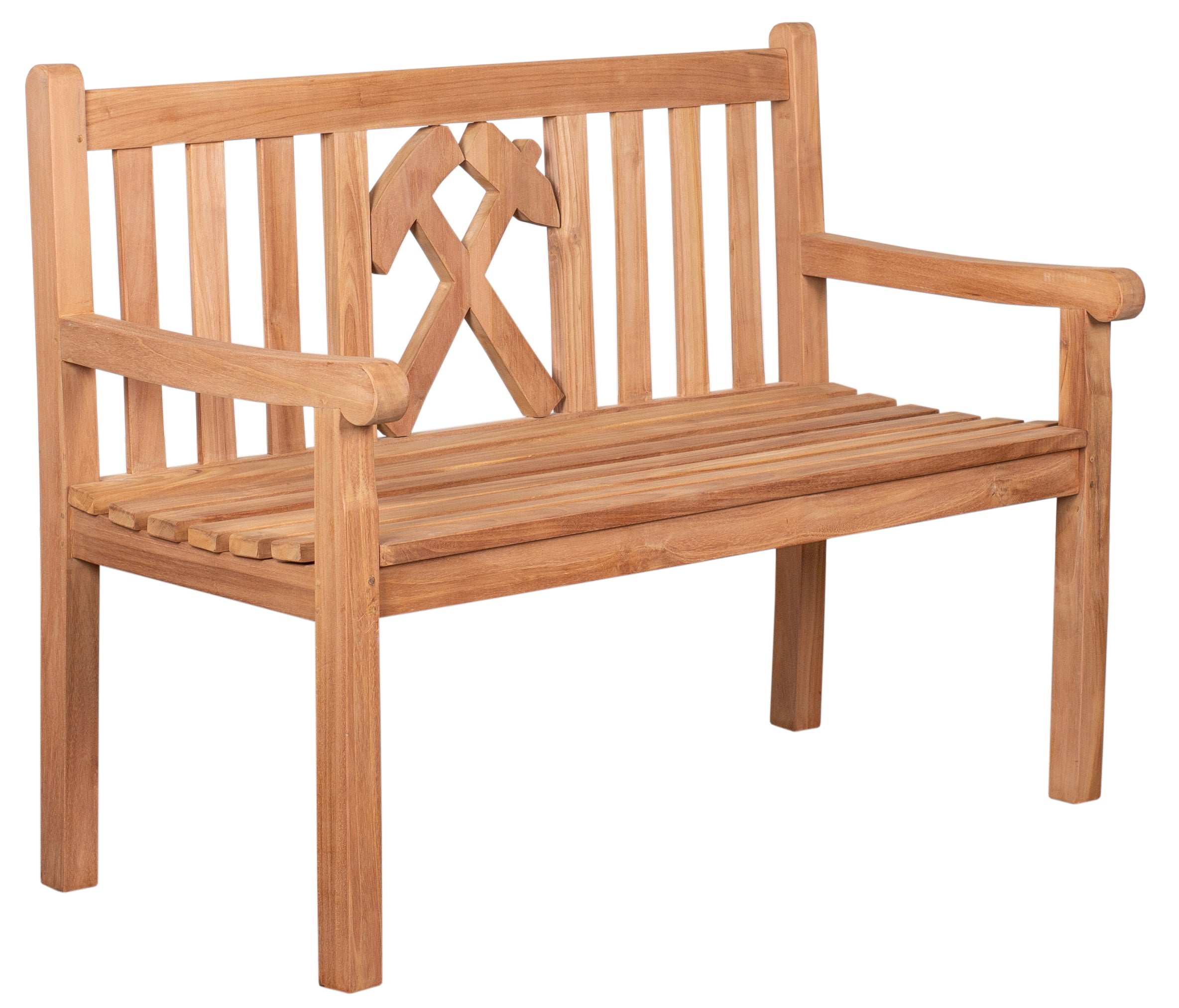 Motivbänke Teak mit vertikalen Latten und einem gekreuzten Hammer- und Spitzhacken-Design auf der Rückenlehne, gefertigt aus naturbelassenem Massivholz – ein einzigartiges Highlight für Ihr Outdoor-Möbel-Ensemble.