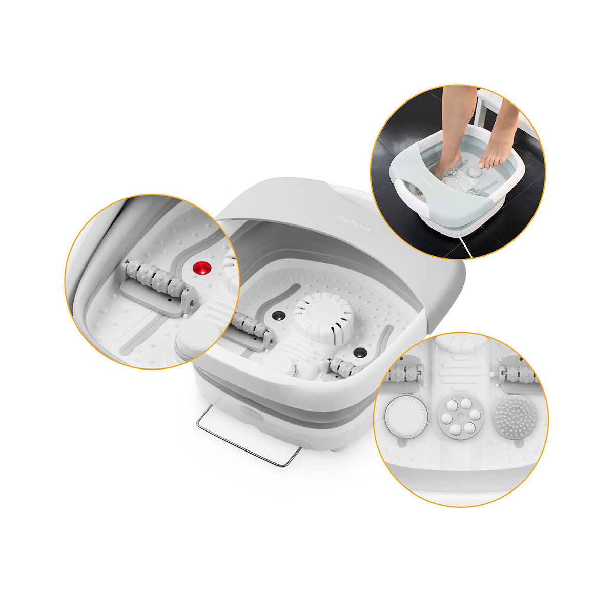 Das faltbare Fußsprudelbad verfügt über ein zusammenklappbares Design, Rollen und Shiatsu-Massageaufsätze – perfekt für entspannende Fußbäder zu Hause.