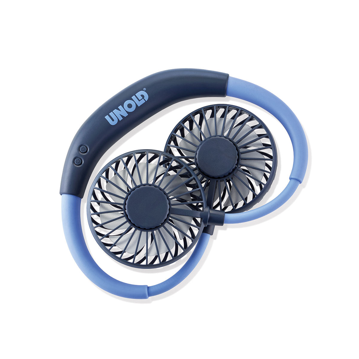 Der blaue Nackenventilator Breezy verfügt über zwei kleine runde Ventilatoren, Aufladen per USB-Ladekabel und einstellbare Geschwindigkeitsregelung für individuelle Kühlung, wo immer Sie sind.
