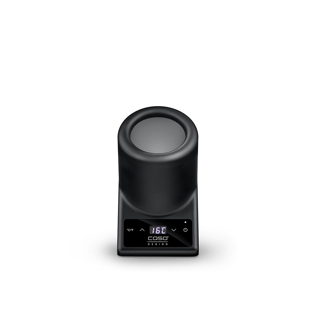 Der Flaschenkühler Vino Case Black verfügt über ein elegantes schwarzes Design mit Digitalanzeige, Tasten, elektronischer Temperaturregelung und einem eleganten Edelstahlgehäuse, dargestellt auf weißem Hintergrund.