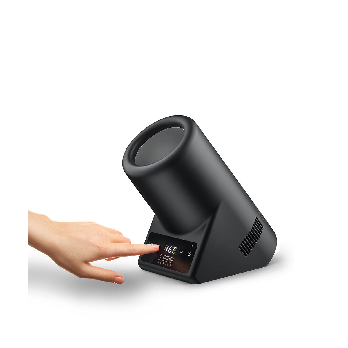 Eine Hand drückt einen Knopf am Flaschenkühler Vino Case Black mit elektronischer Temperaturregelung und digitalem Display.