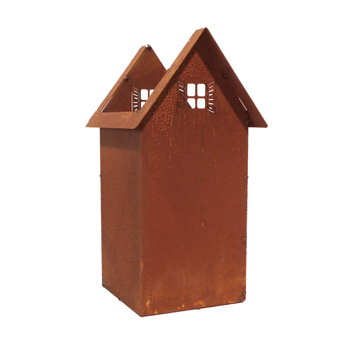 Das Set „Haus zum Bepflanzen, Edelrost“ besteht aus einer hohen hausförmigen Metallskulptur mit Fenstern und einem Doppelgiebeldach – ideal als einzigartige Dekoration für Ihr Haus oder Ihren Garten.