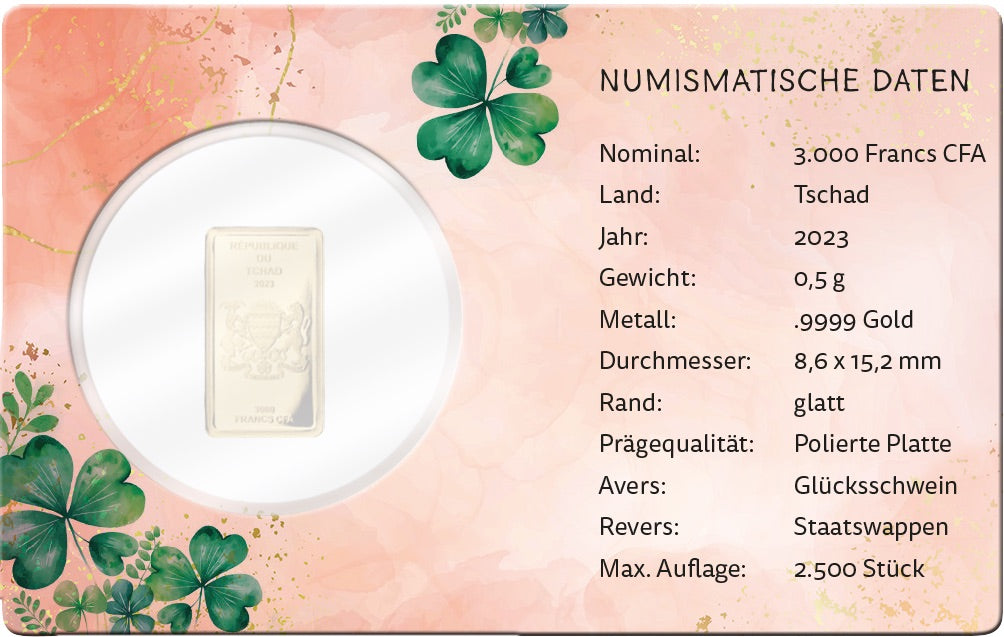 Goldplättchen-Spezifikationskarte in deutscher Sprache mit Blumen- und Kleeblatt-Design auf rosafarbenem Münzbarren, links abgebildet – ideal für Goldanlage-Fans oder als Glücksschwein-Geschenk.