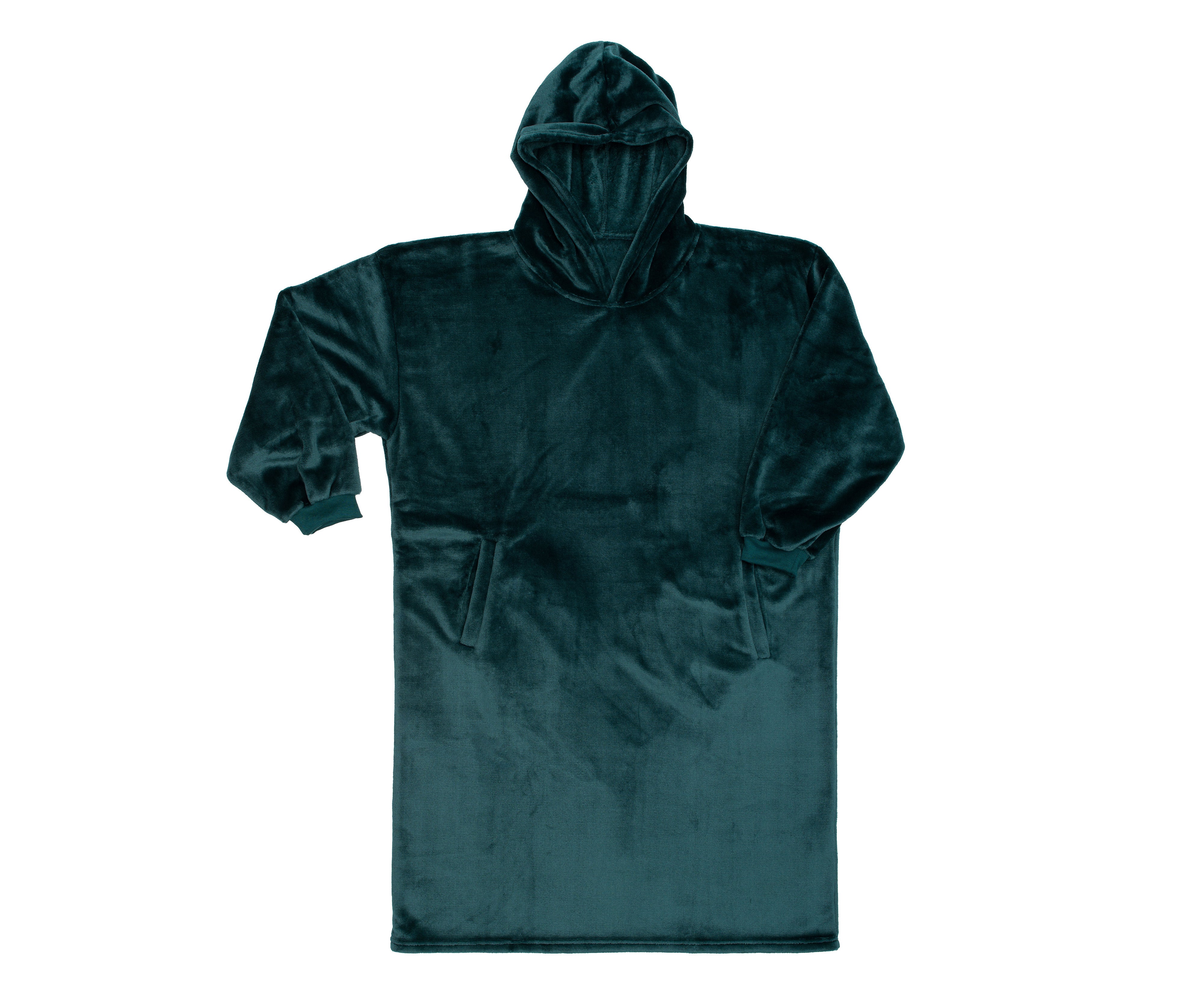 Übergroßer dunkelgrüner Hoodie mit Kapuze in Universalgröße aus weicher Mikrofaser, mit langen Ärmeln, flach auf weißem Hintergrund liegend.