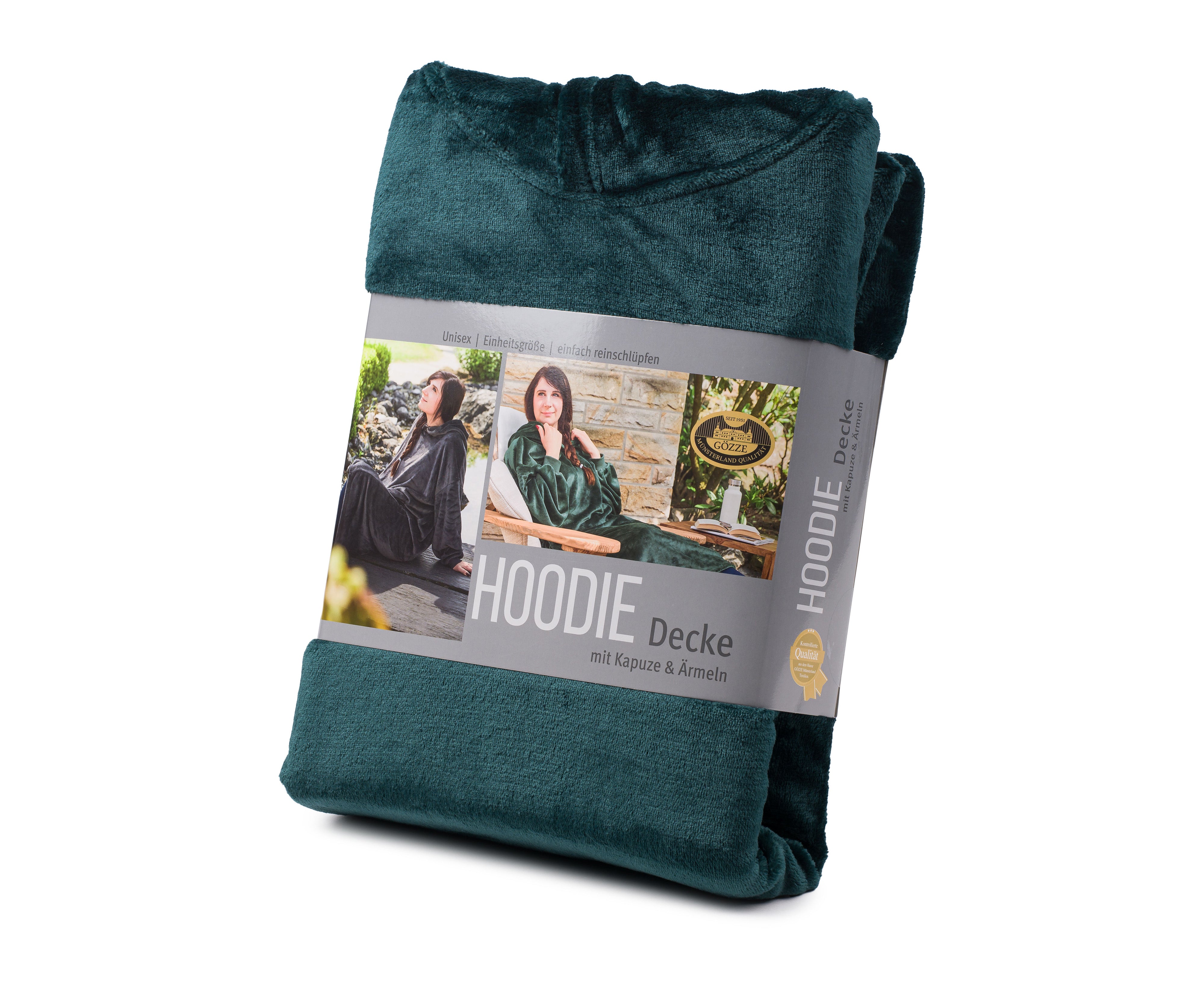 Ein grüner Hoodie mit Kapuze aus Mikrofaser, gefaltet in der Verpackung, mit Bildern einer Frau, die ihn in Universalgröße drinnen und draußen trägt.