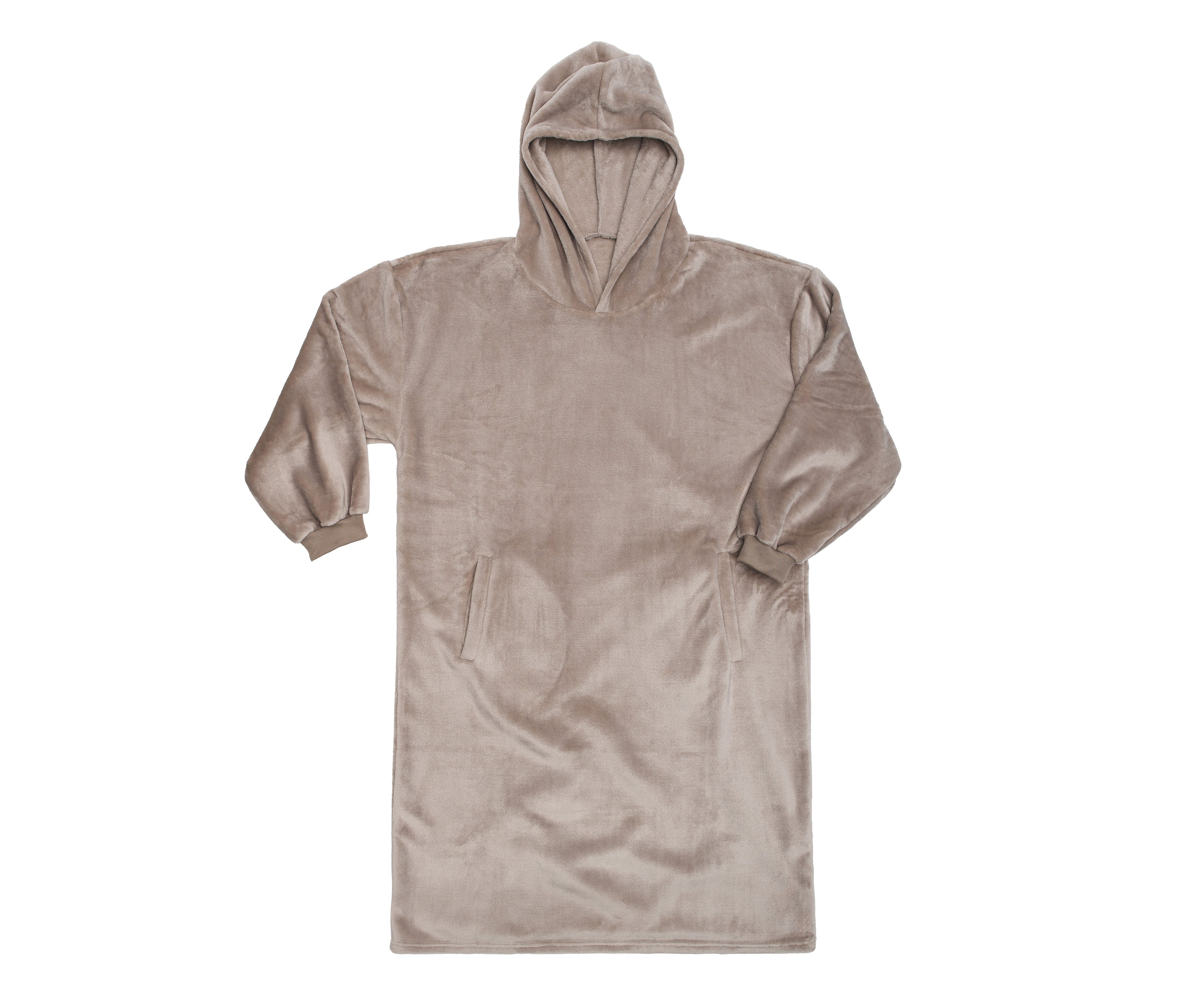 Beiger Hoodie mit Kapuze aus Mikrofaser, Universalgröße, langen Ärmeln und Fronttasche, flach auf weißem Hintergrund liegend.