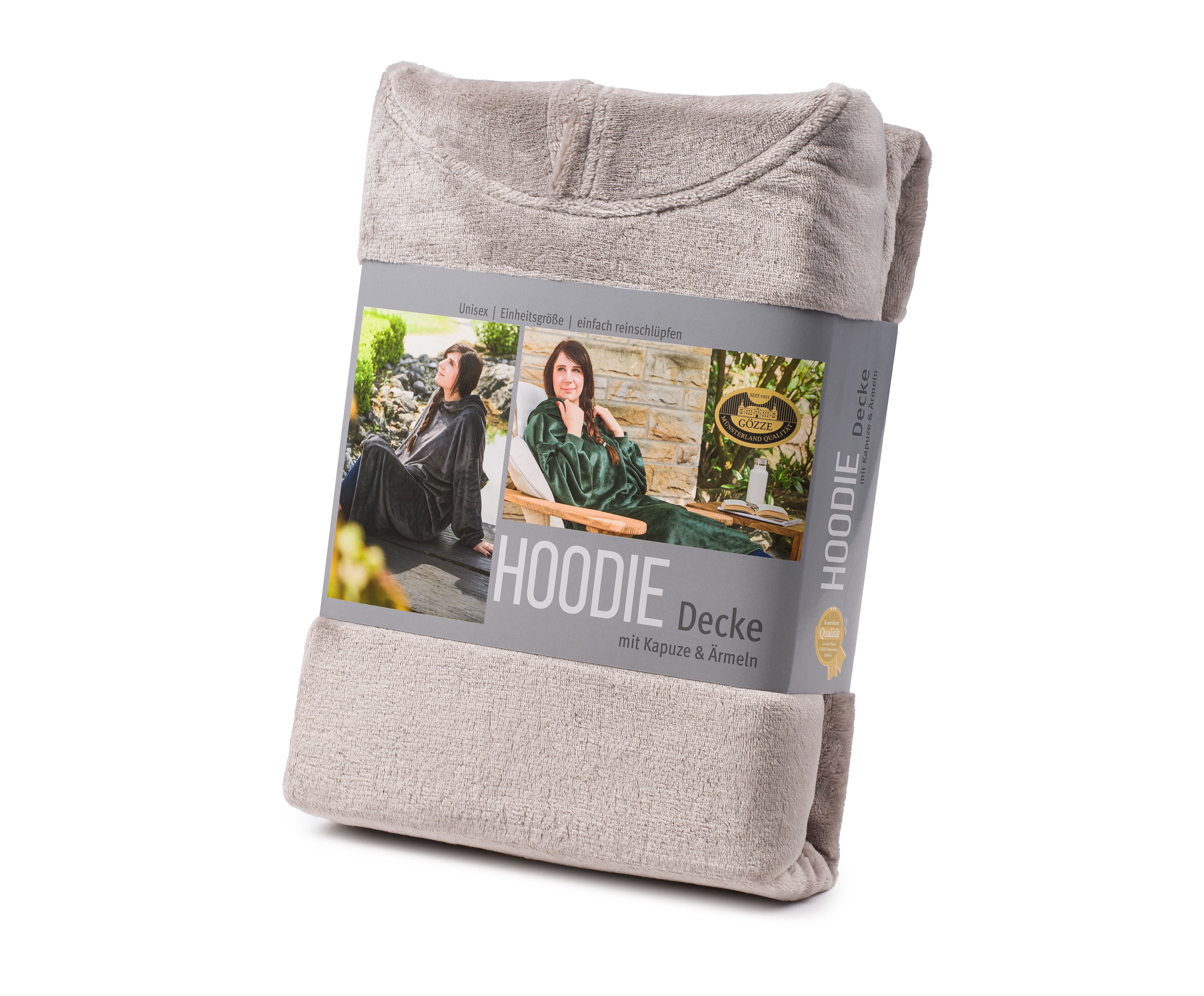 Beiger Hoodie mit Kapuze aus Mikrofaser in Universalgröße, gefaltet und verpackt, inklusive Foto einer Frau, die den Hoodie draußen trägt.