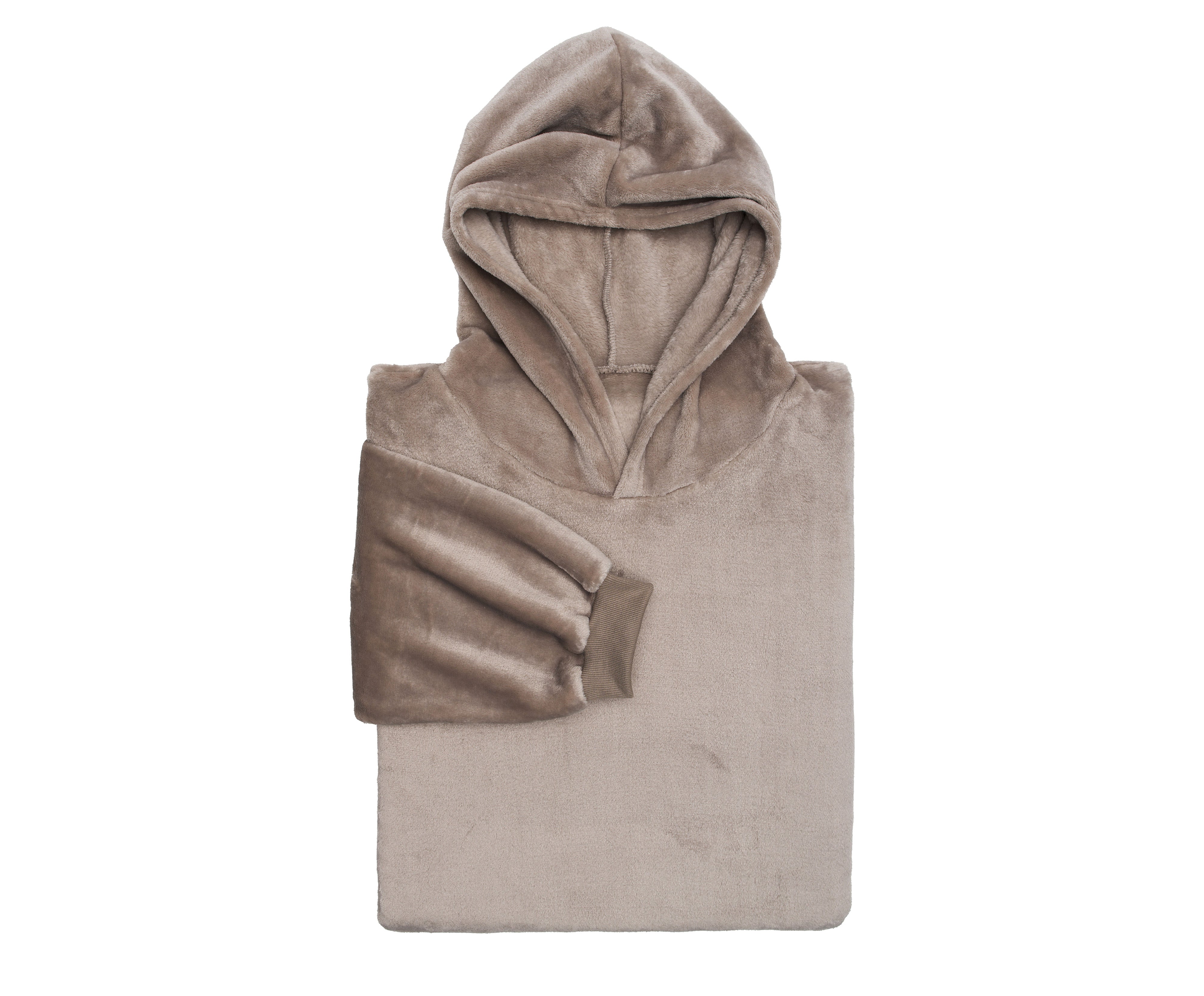 Beiger, plüschiger Hoodie mit Kapuze aus Mikrofaser, sorgfältig gefaltet mit sichtbarer Ärmelpartie auf weißem Hintergrund in Universalgröße.
