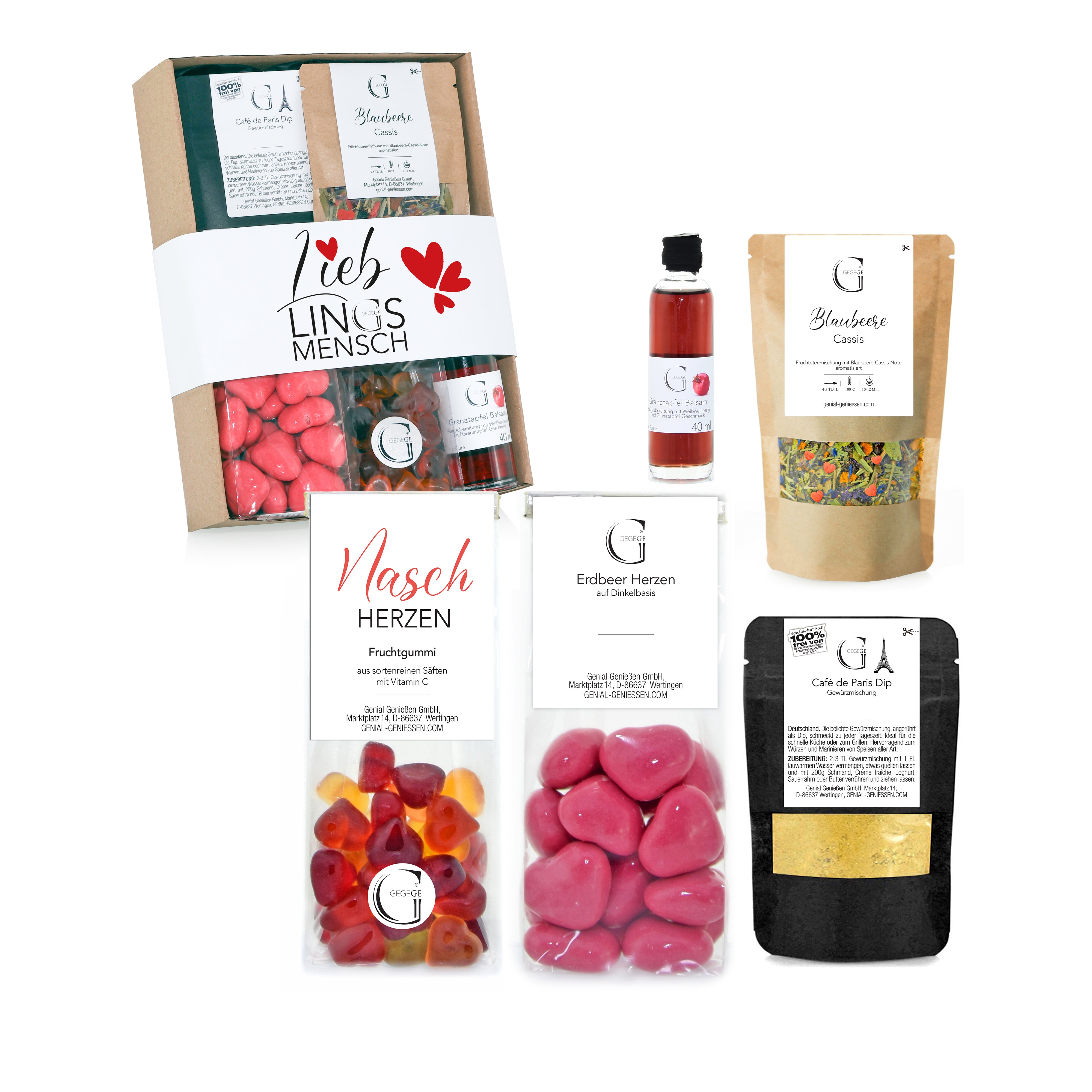 Das Geschenk-Set Lieblingsmensch S bietet eine Auswahl an abgepackten Snacks, Leckereien, Süßigkeiten und der Café de Paris-Gewürzmischung, alles hübsch arrangiert auf weißem Hintergrund.