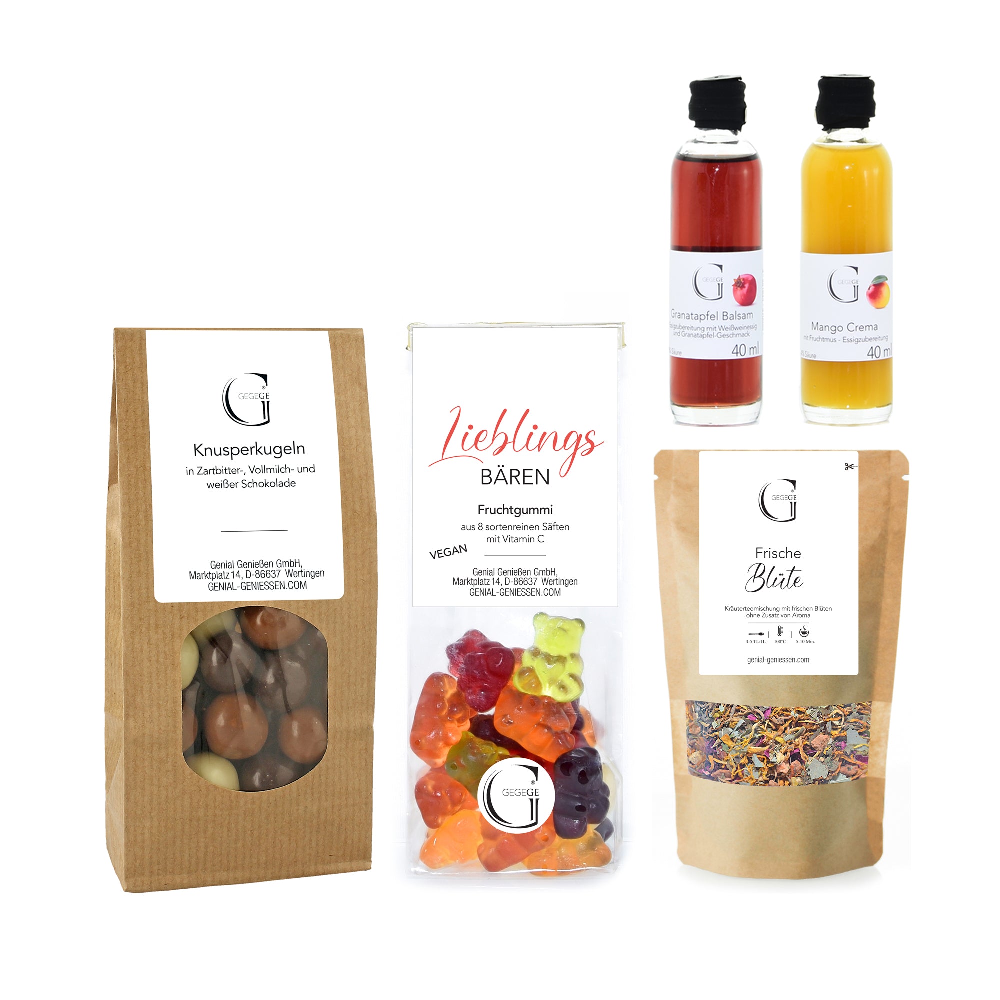 Das Geschenk-Set Fahrradspaß bietet Gourmet-Köstlichkeiten wie Süßigkeiten, getrocknete Teemischungen, Pralinen und Flaschensirupe – ideal für Gaumenfreuden und genussvolle Auszeiten.