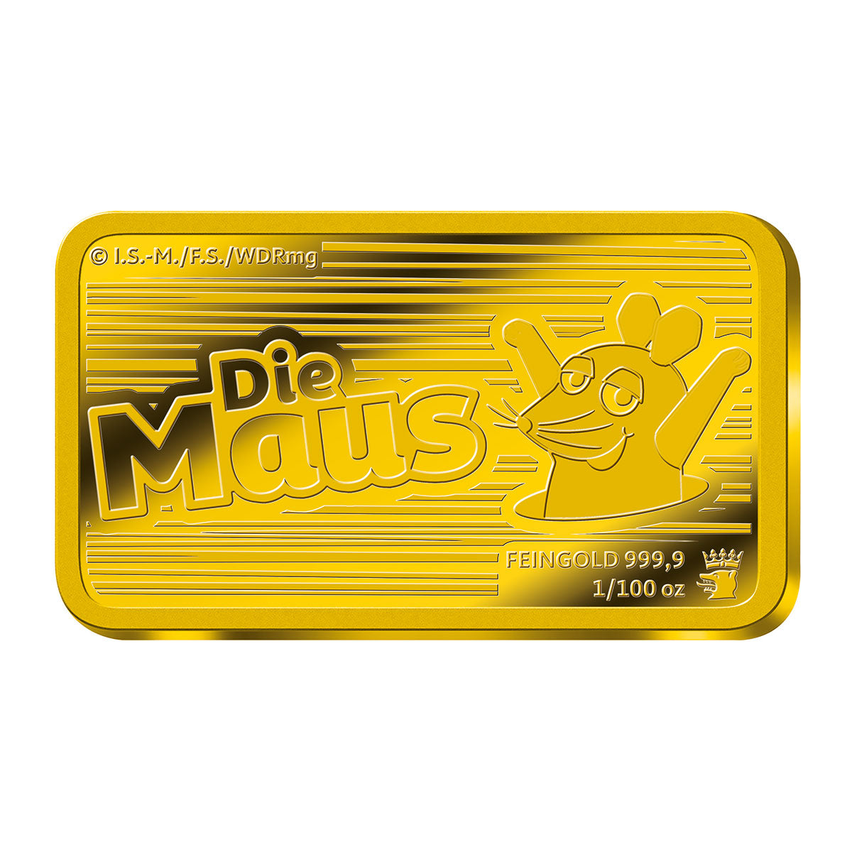 Rückseite des Goldbarren mit der Kultfigur "Die Maus" und Schriftzug