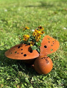 Das Edelrost Marienkäfer 2er-Set mit rustikalen Metall-Marienkäfern in Edelrost-Optik ist mit gelben Blüten gefüllt und auf grünem Gras als bezaubernde Gartendekoration präsentiert.