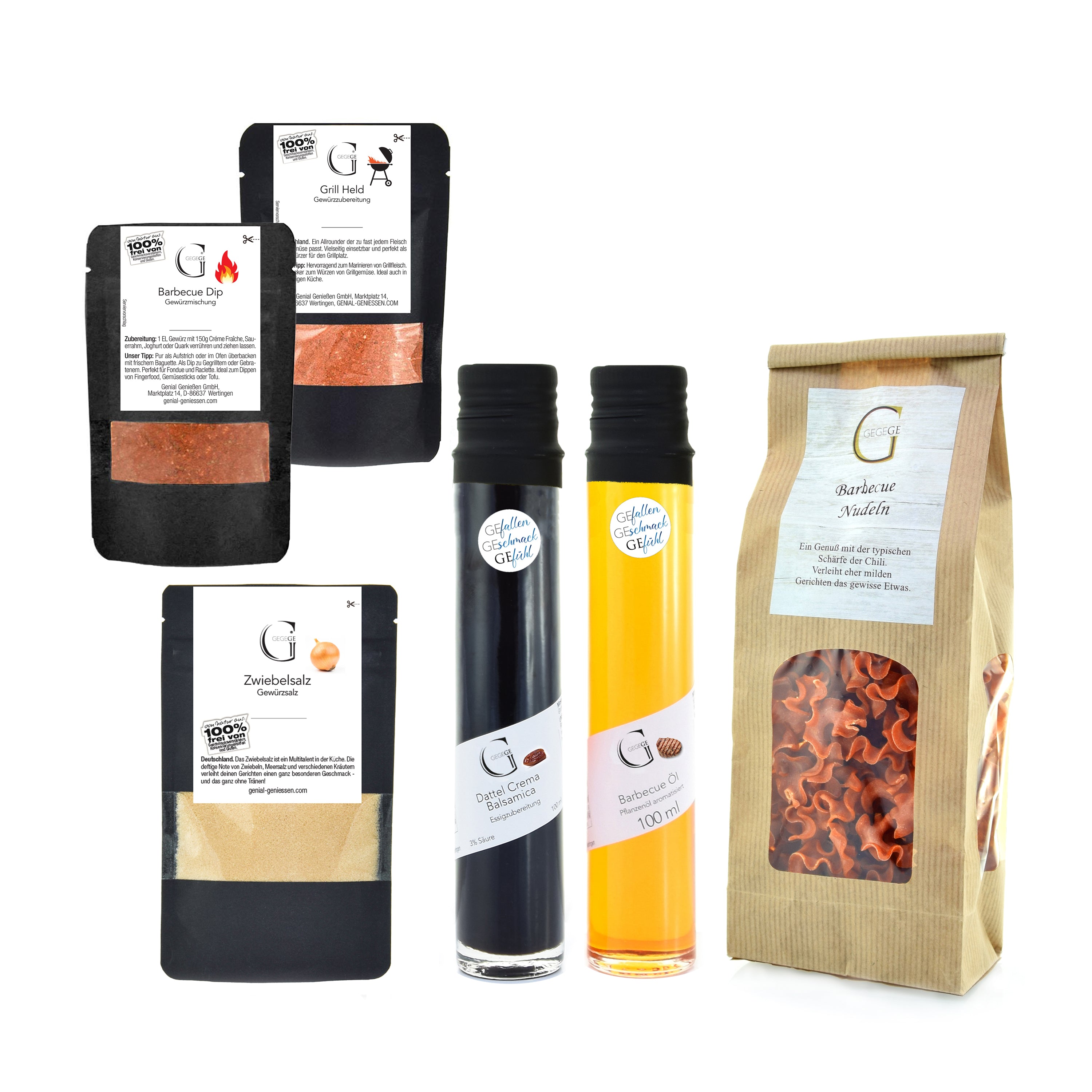 Geschenk-Set Mann am Grill: Verschiedene Gourmet-Gewürze, Saucen und Pasta – perfekt für Ihren nächsten Grill-Genuss.