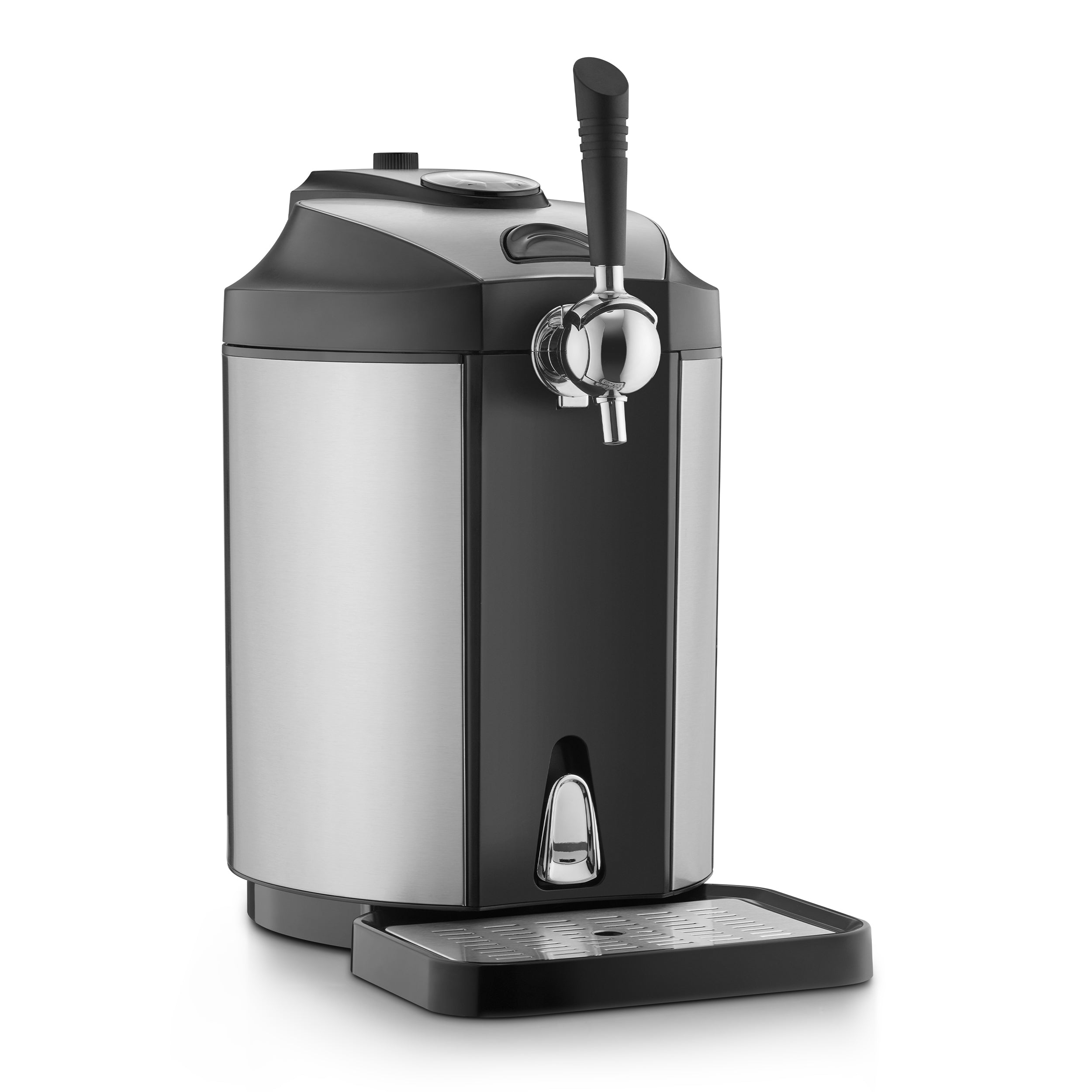 Die Bierzapfanlage verfügt über ein Edelstahl-Arbeitsplattendesign mit Zapfhahn und Tropfschale, ist perfekt für 5-Liter-Bierfässer und serviert perfekt gekühltes Bier (abgebildet vor einem weißen Hintergrund).