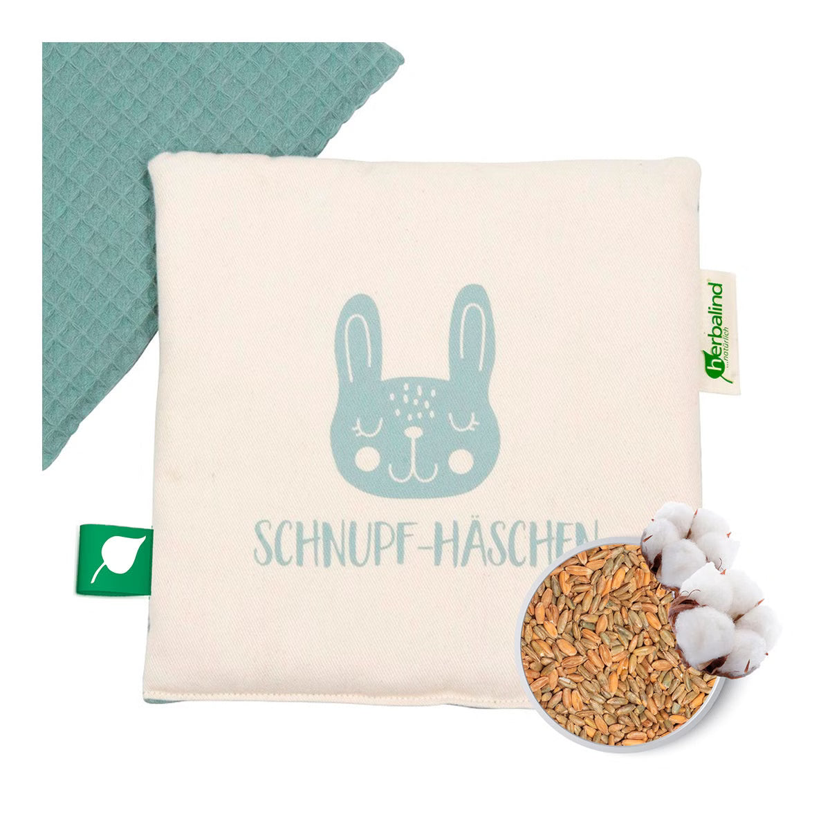 Das Schnupf-Häschen Duftkissen ist gefüllt mit einer Mischung aus Naturkorn und getrockneter Minze