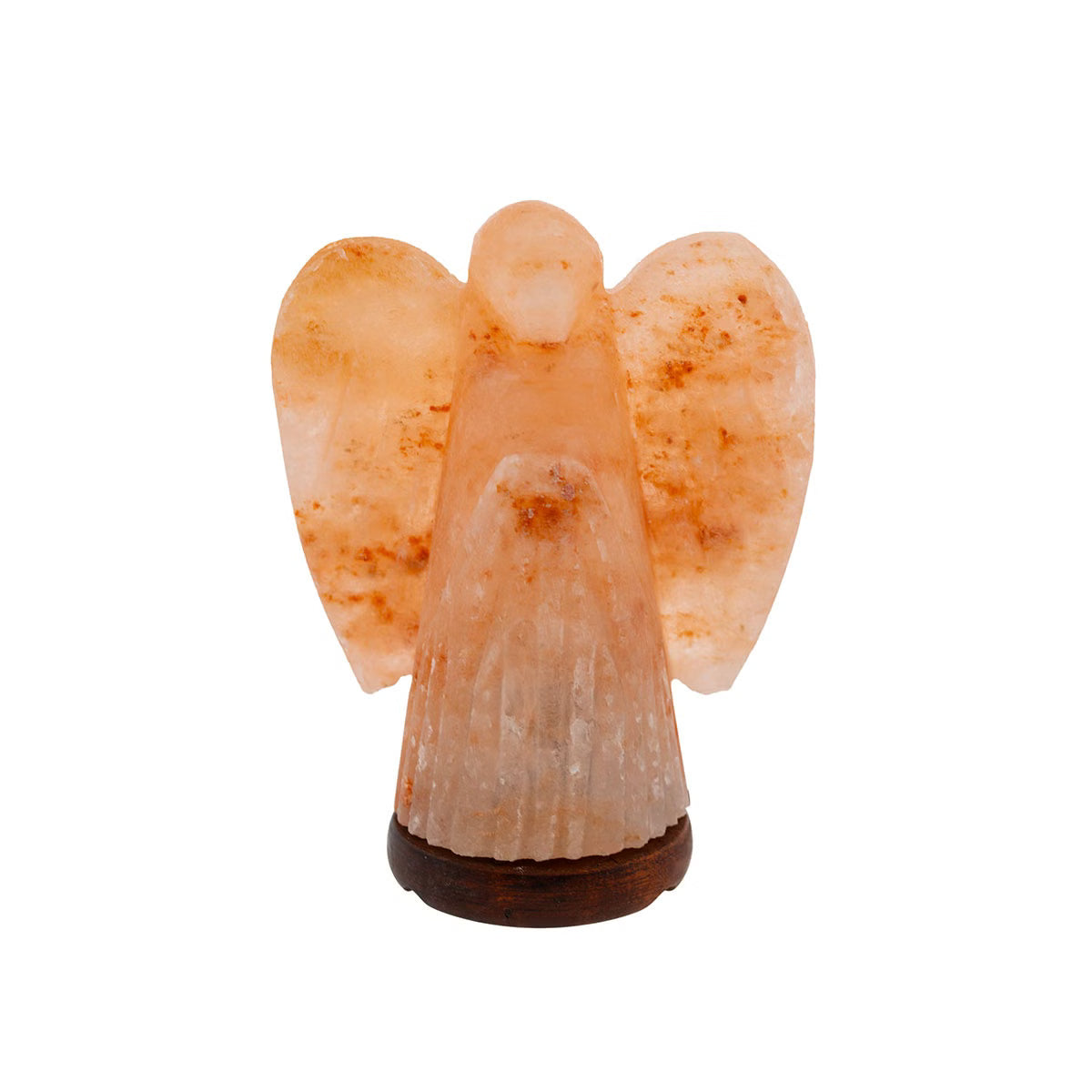 Salzkristalllampe in Form eines Engels mit Standfuß aus dunkelbraunem Holz