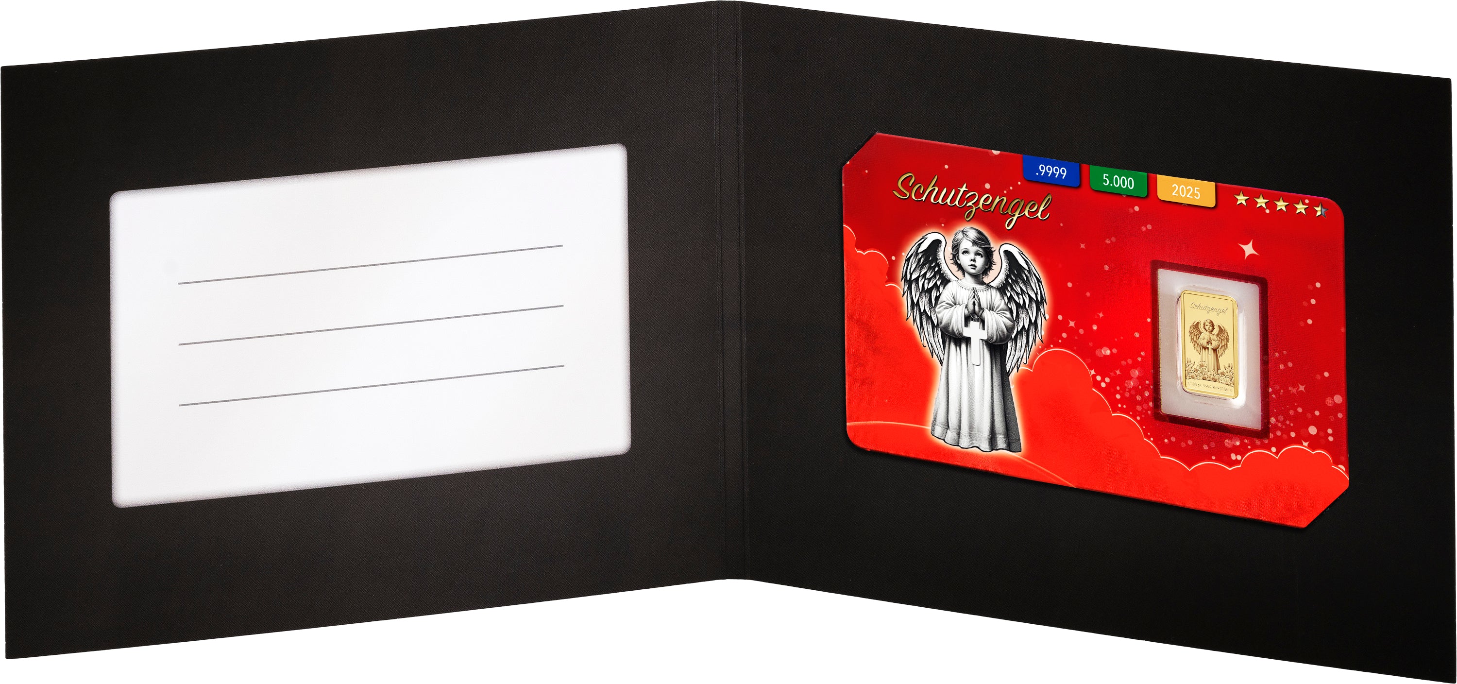 Goldbarren Motiv Schutzengel in roter Karte und Geschenkverpackung