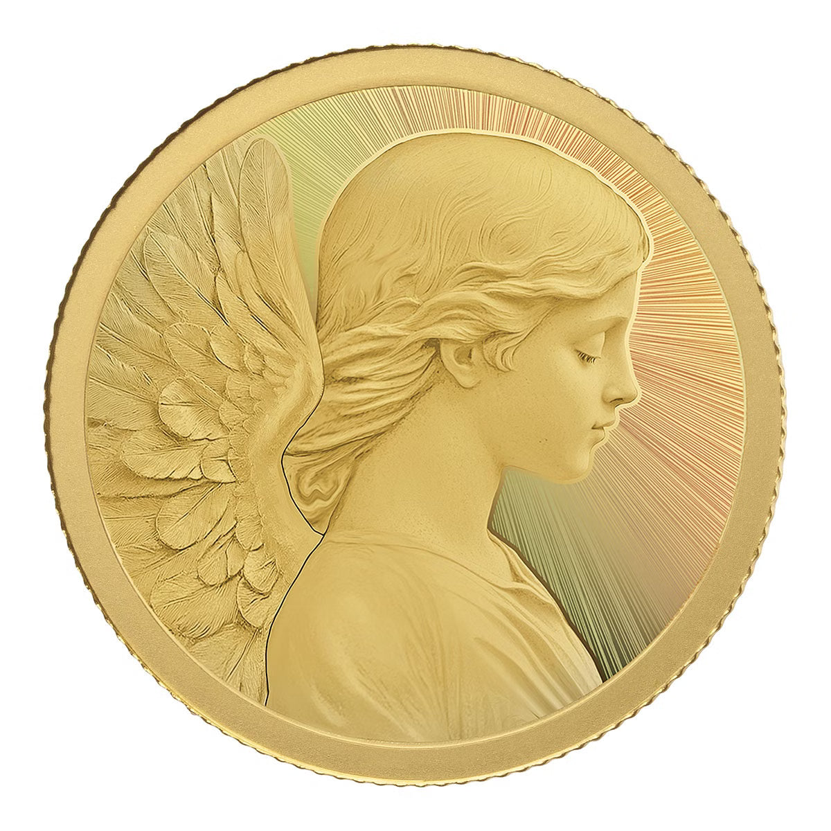 Goldmünze mit Engelmotiv auf weißem Hintergrund