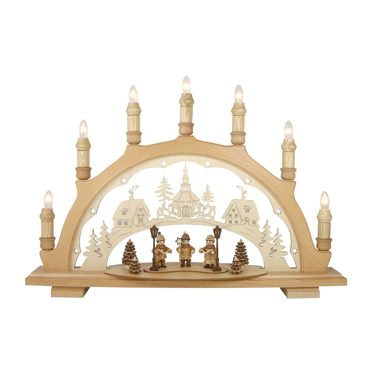 Liebevoll hergestellter Schwibbogen aus Massivholz Buche Schwibbogen ist mit handgefertigten Sternsängerfiguren bestückt