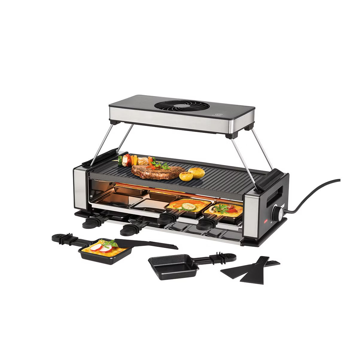 Raclette-Grill in Schwarz und Silber mit integrierter Dunstabzugshaube, für bis zu acht Personen