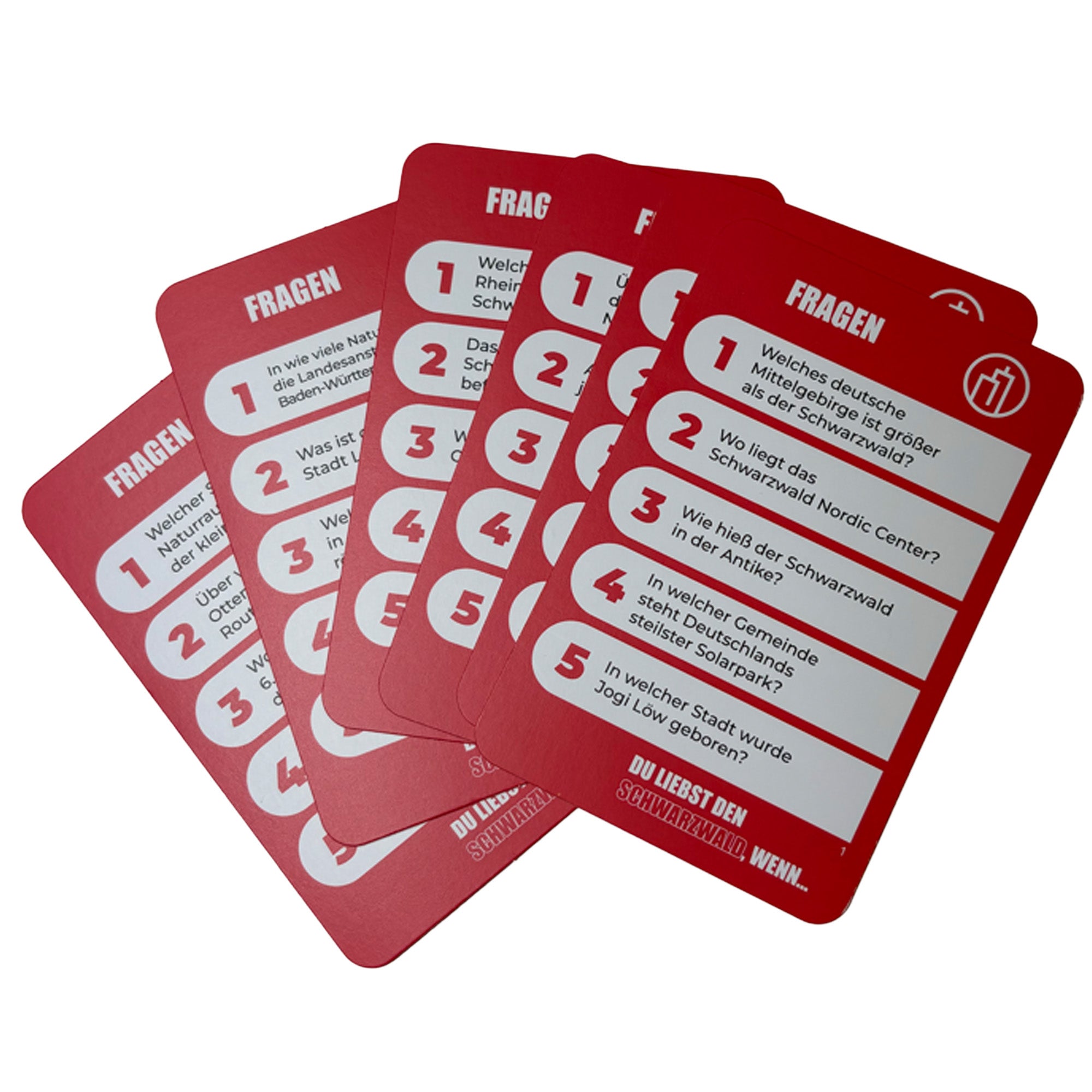 Beispielkarten des Spiels "Du liebst den Schwarzwald, wenn..." in rot-weiß auf weißem Hintergrund