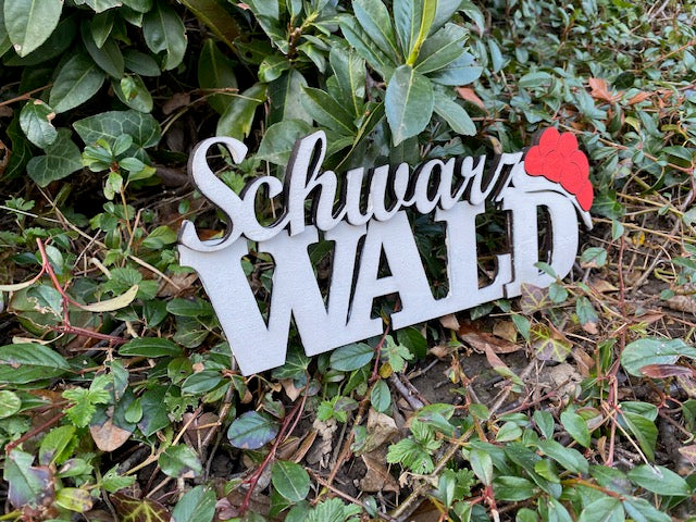 Ein Schwarzwald-Schriftzug mit einem roten Bollenhut-Dekor liegt auf grünen Blättern und Pflanzen im Freien.