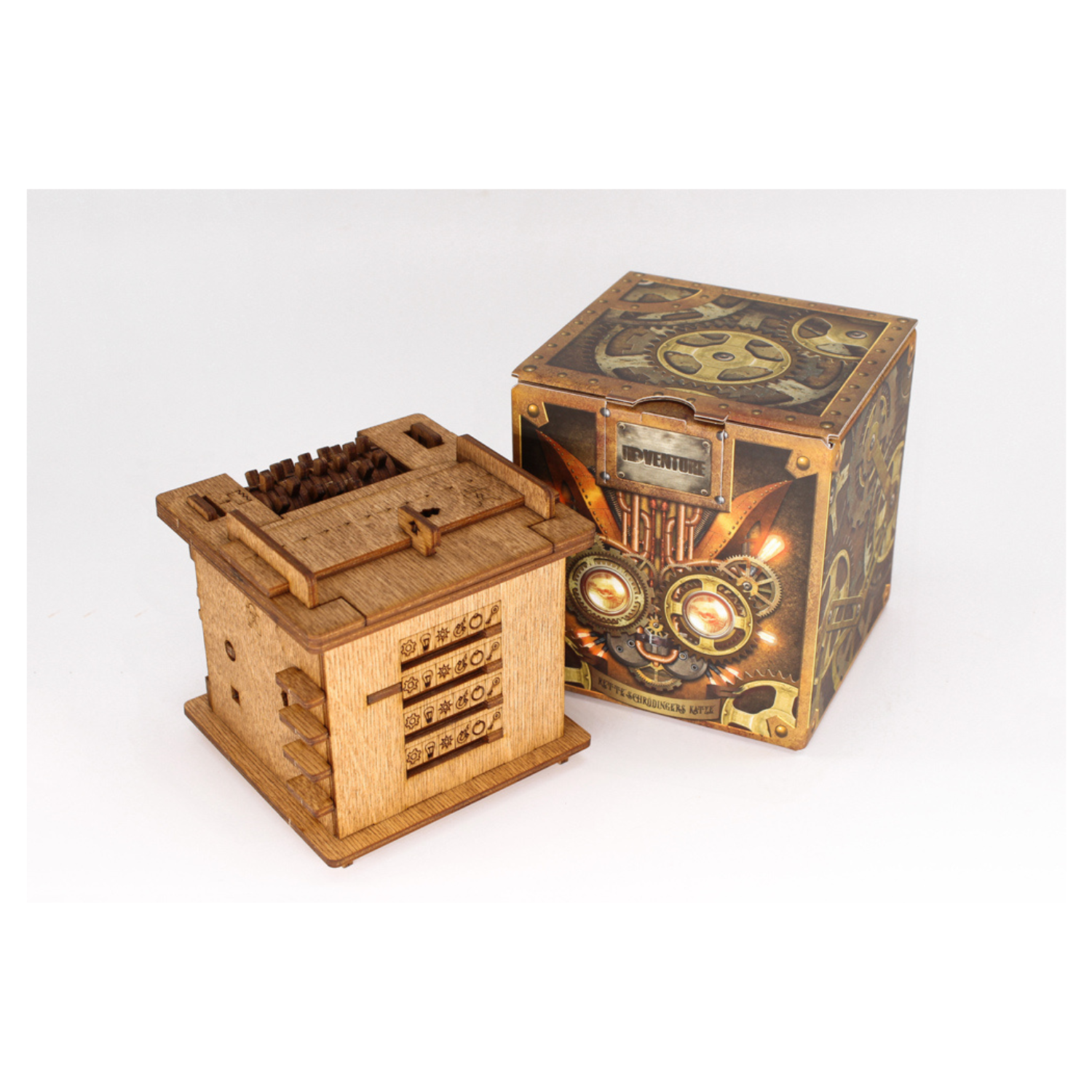 Die Rätselbox „Schrödingers Katze“ – eine hölzerne Puzzlebox mit Zifferblättern – erscheint neben einer dekorativen Box im Steampunk-Stil, ideal für Escape-Room-Fans oder Liebhaber von „Schrödingers Katze“, abgebildet auf weißem Hintergrund.
