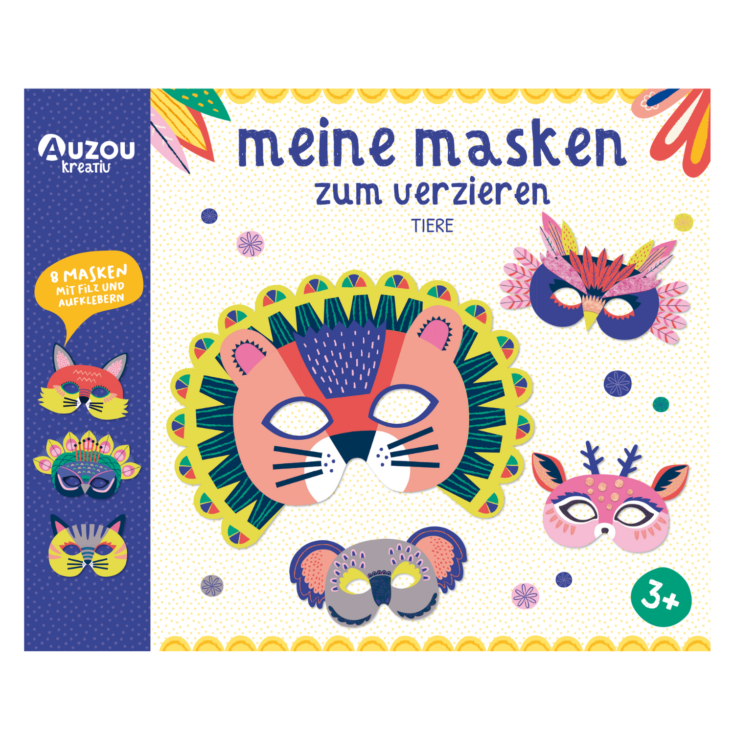 Meine Tiermasken zum Verzieren: Bunte Masken für Kinder zum Dekorieren, präsentiert auf einer deutschen Kreativ-Set-Box mit Beispielen und lustigen Filzstickern für noch mehr Kreativität.