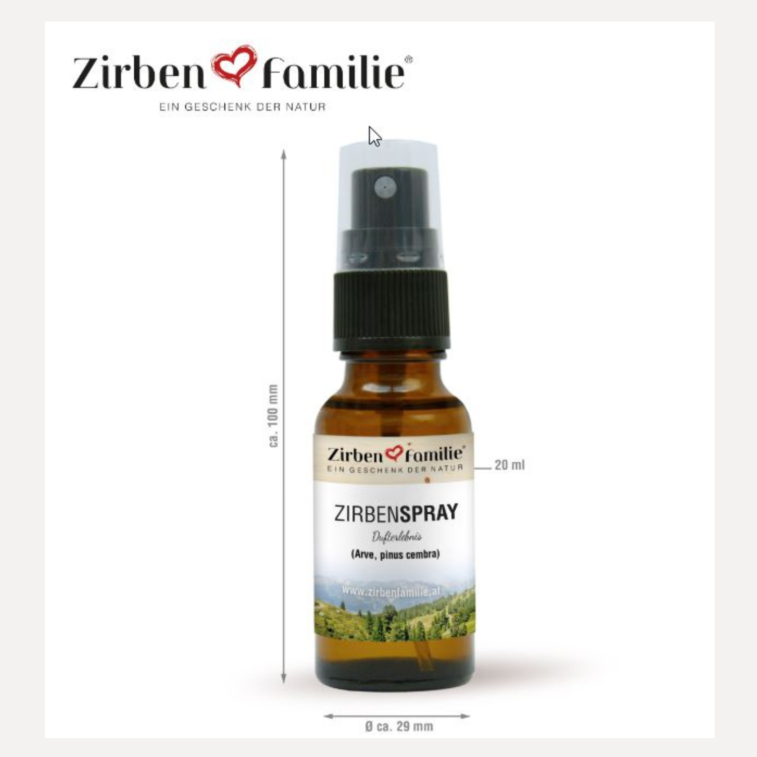Das ZirbenSpray 20 ml ist eine Braunglasflasche mit schwarzem Sprühverschluss und Dosierstrichen, gefüllt mit natürlichem ZirbenÖl zur angenehmen Raumlufterfrischung.