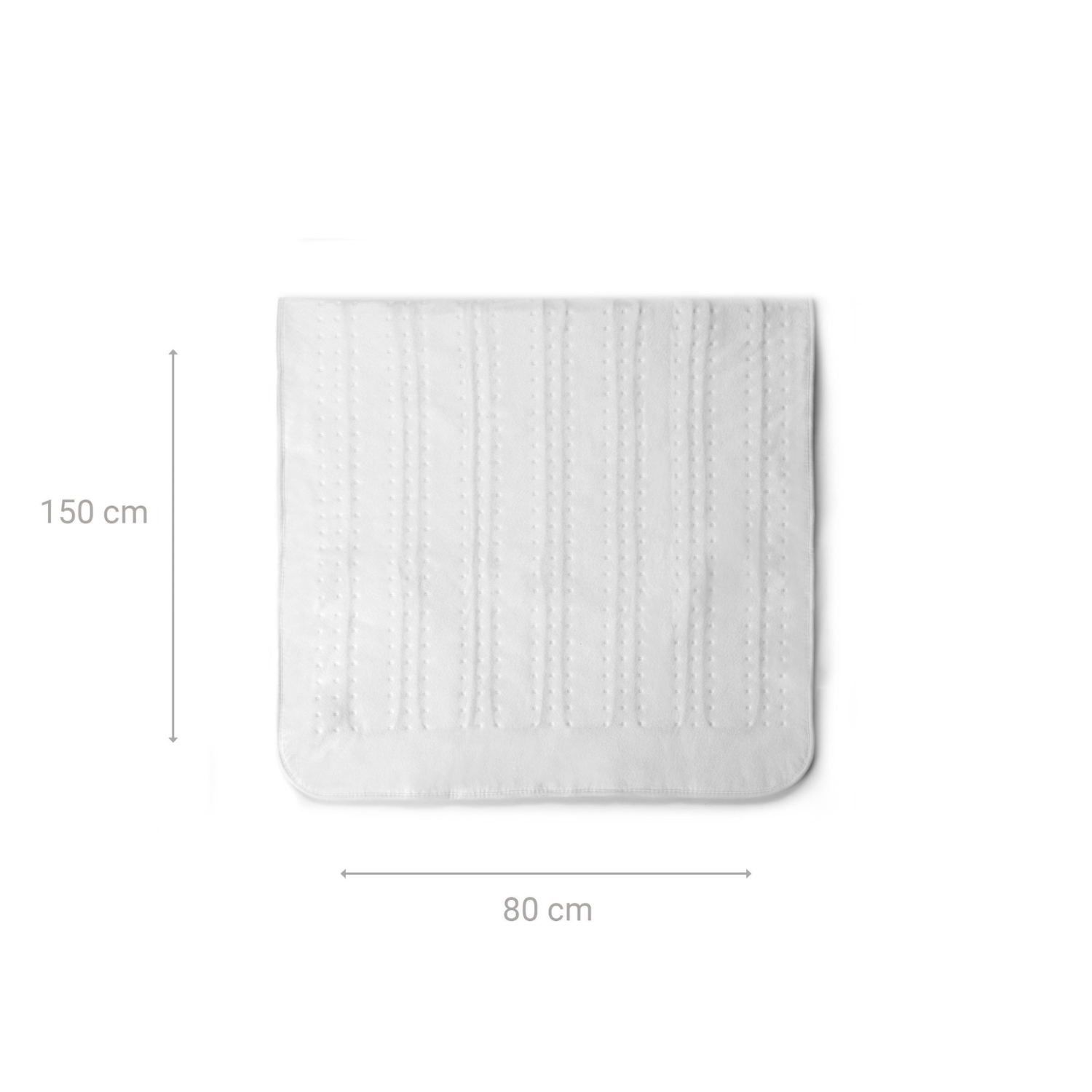 Das Elektrische Wärmeunterbett, waschbar, ist ein weißes, rechteckiges Unterbett mit Steppnähten in der Größe 150 x 80 cm und mit dem Öko-Tex Standard 100 für Sicherheit und Komfort zertifiziert.