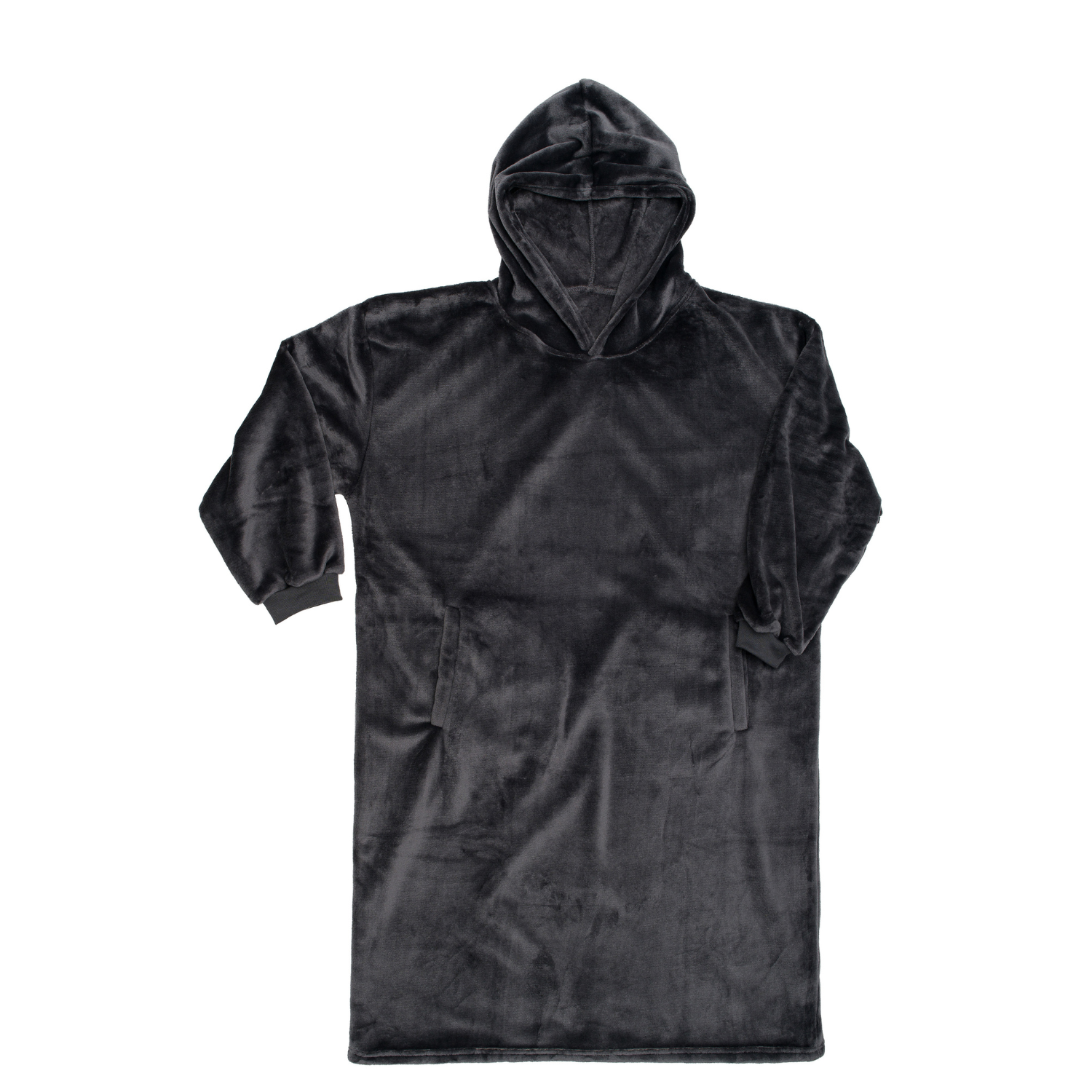 Ein schwarzer Hoodie mit Kapuze aus Mikrofaser, mit langen Ärmeln und in Universalgröße, liegt flach auf weißem Hintergrund.