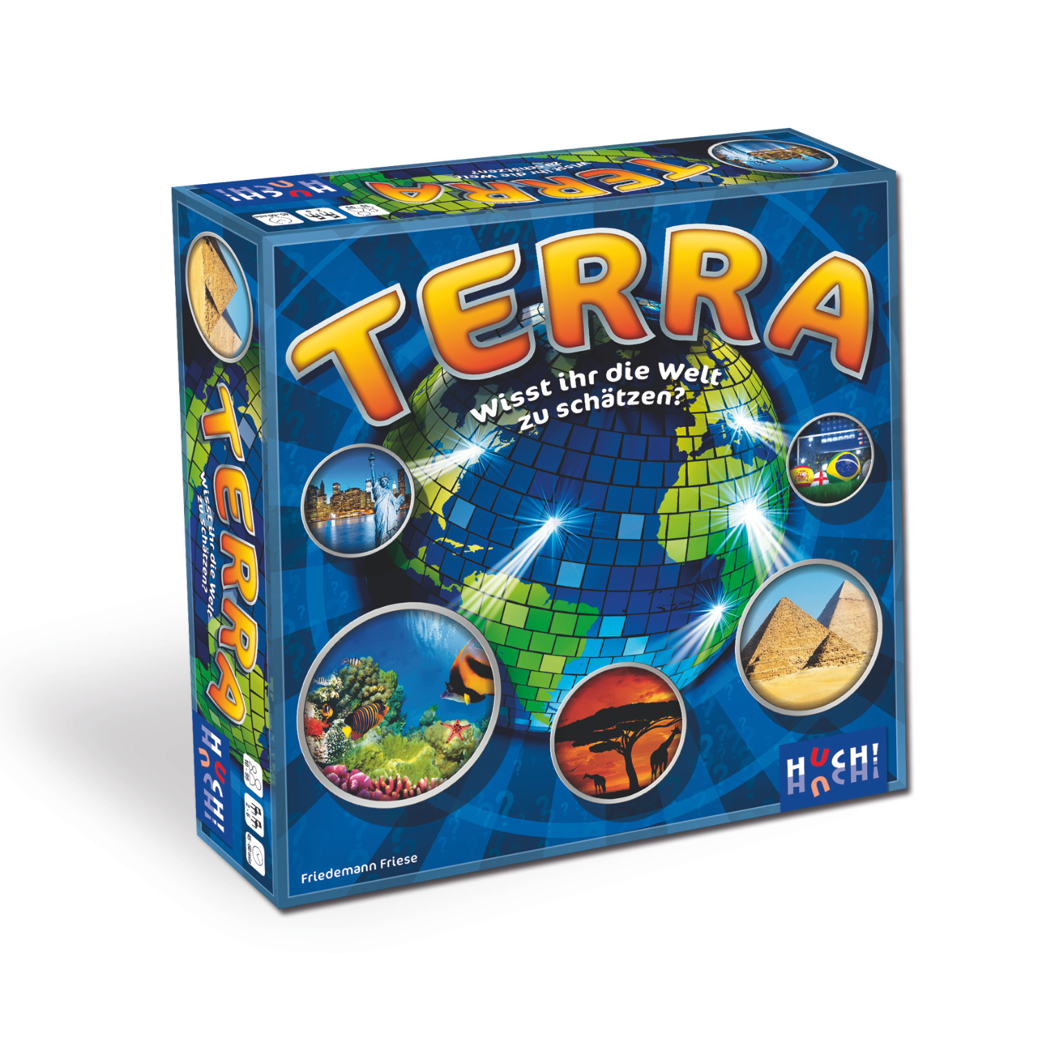 Auf dem Cover der Terra-Brettspielschachtel sind eine Weltkarte und globale Wahrzeichen wie das Burj Khalifa abgebildet.