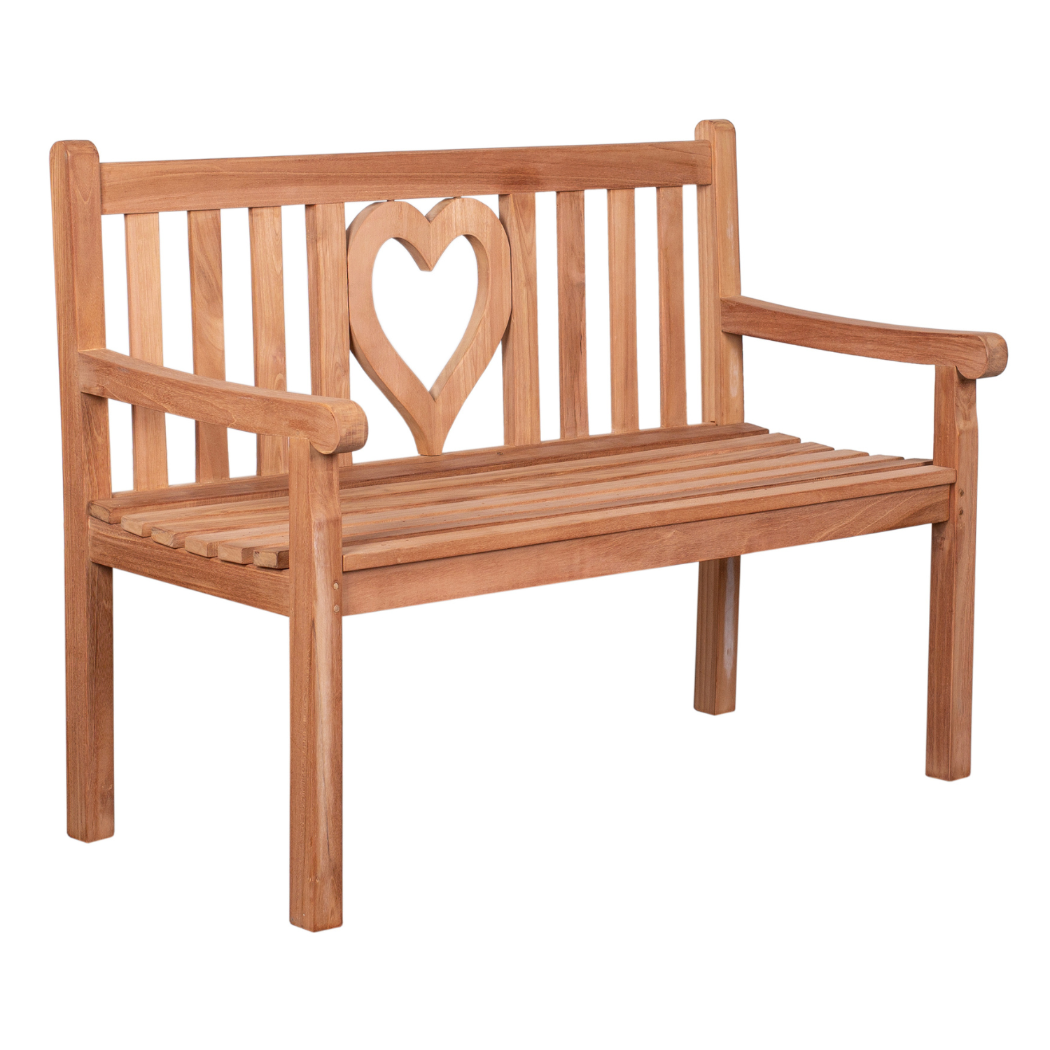 Motivbänke Teak: Holzbank mit senkrechten Latten und herzförmiger Aussparung, gefertigt aus naturbelassenem Massivholz – eine ideale Ergänzung für Ihre Outdoor-Möbelsammlung.